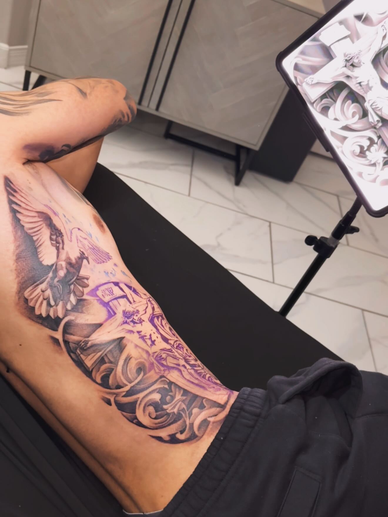 Bird and shield American traditional tattoo on the ribs by Adrian gonzalez...