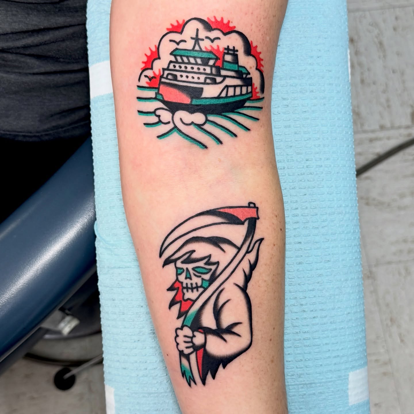 Ship and skeleton American traditional tattoo on the forearm by Sam