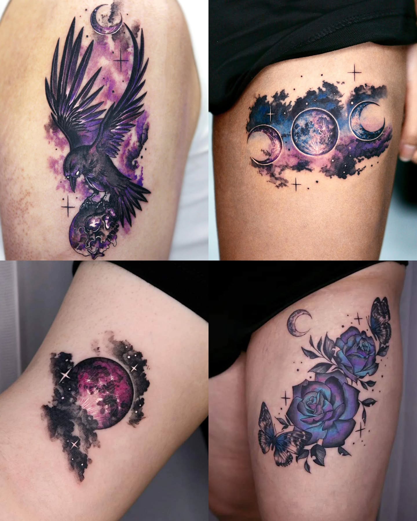 Crow and galaxy dark realism tattoo on the thigh by danha_seoul tattooist