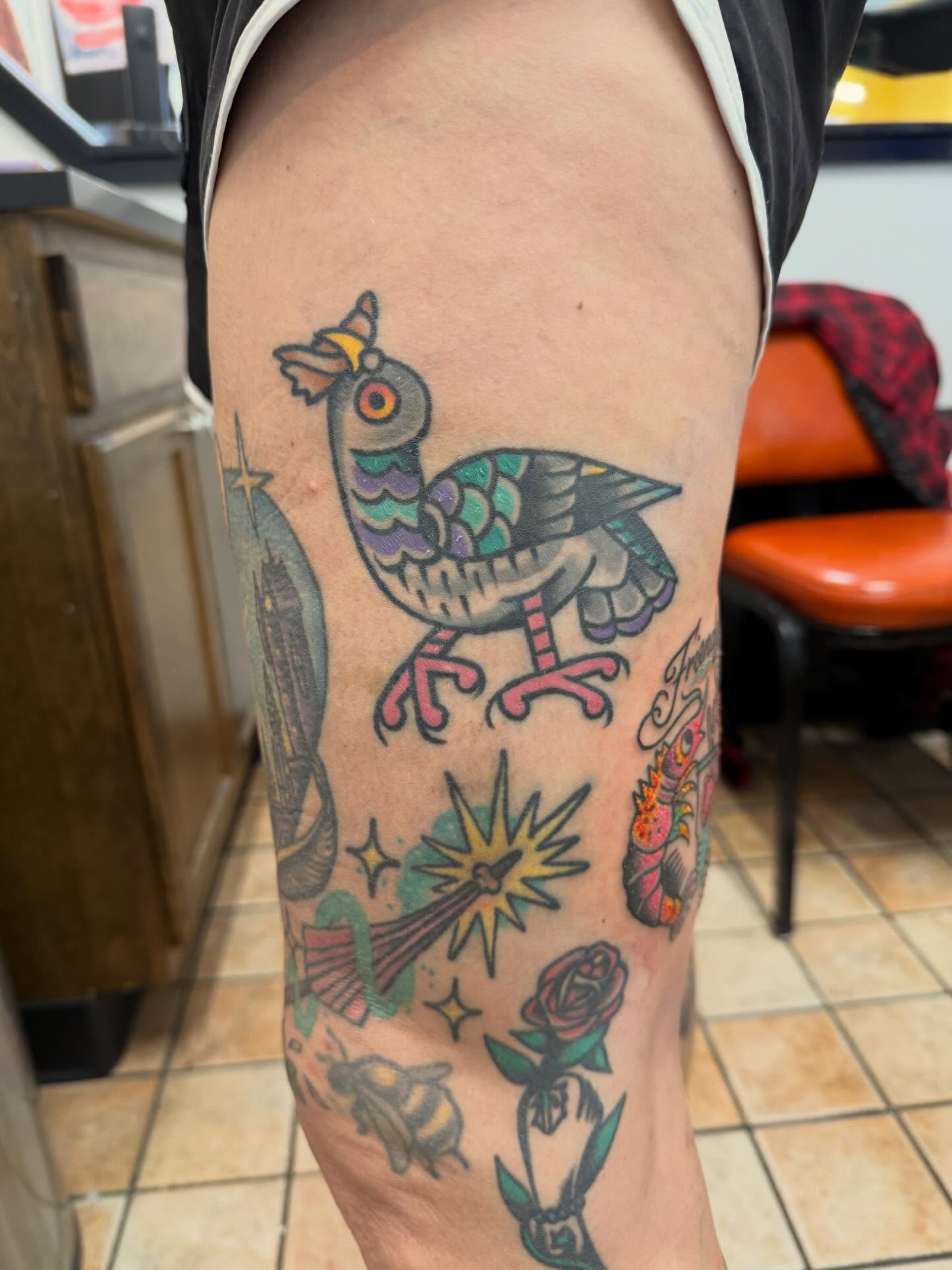 Bird American traditional tattoo on the thigh by Matt Paw