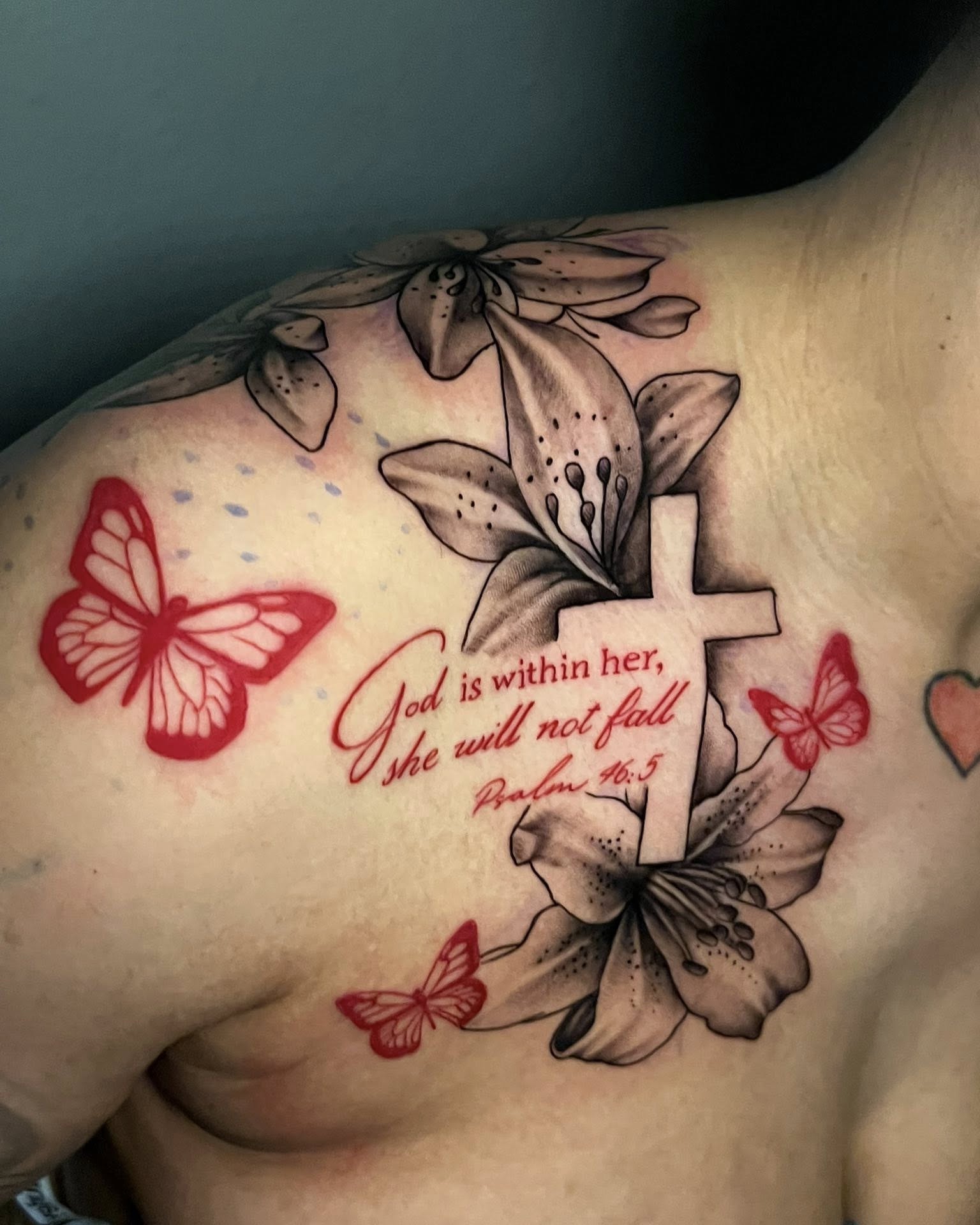 Religious quote dotwork tattoo on the chest by Ferlandis Fitch, Long Beach, California