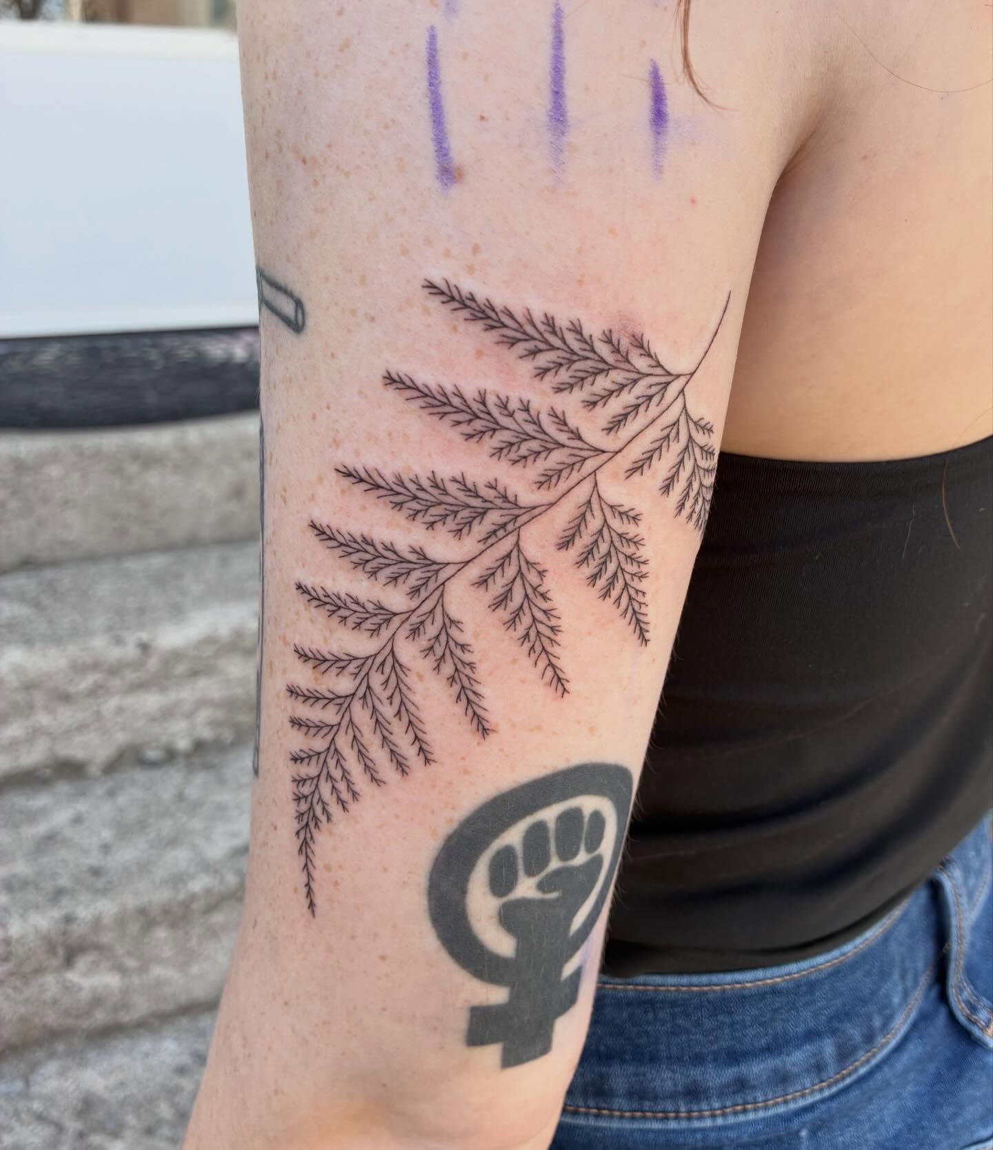 Fern branch black and grey tattoo on the forearm by Linzi Hungerford, Bozeman, Montana
