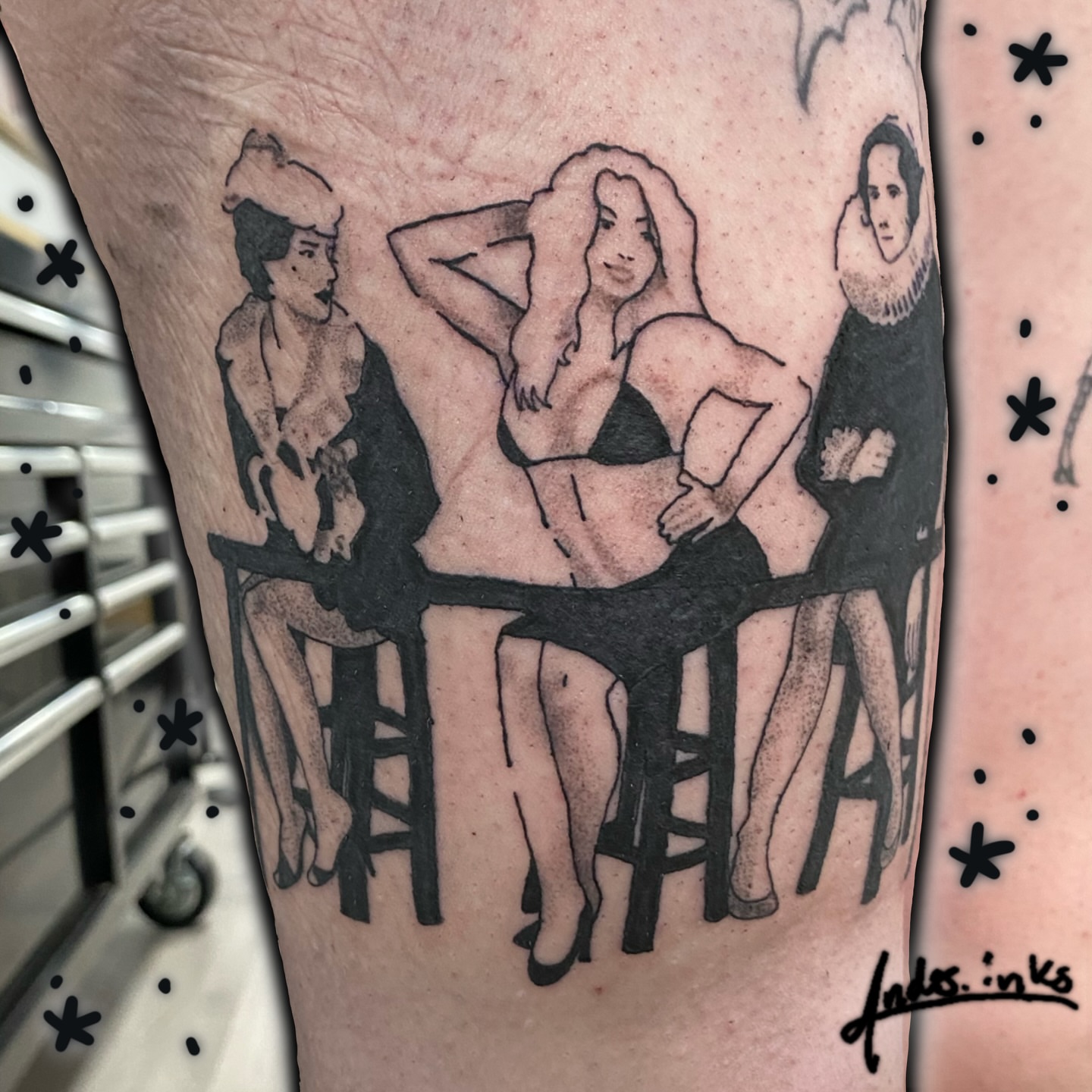 Three women dotwork tattoo on the forearm by ande