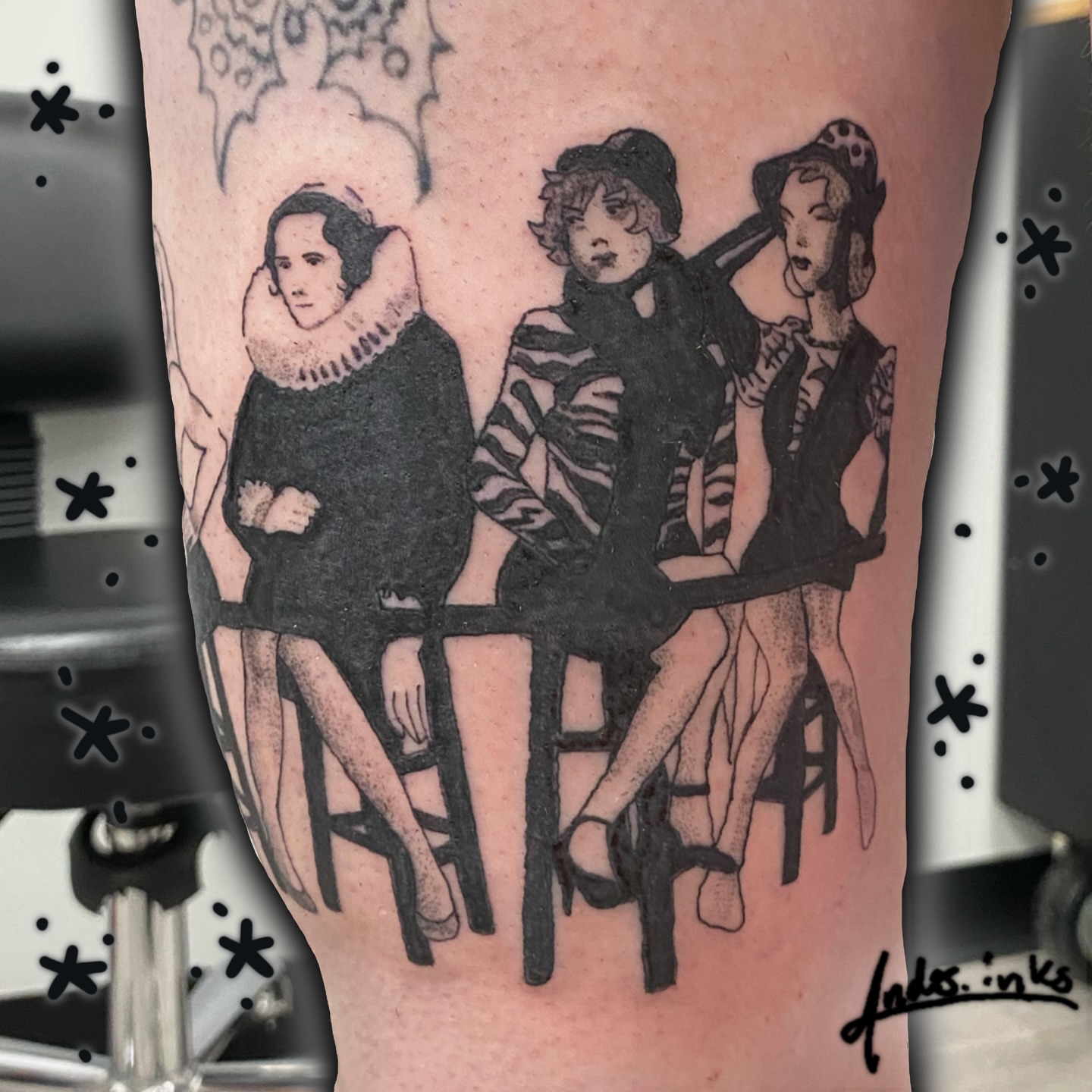 Three women black and grey tattoo on the forearm by ande