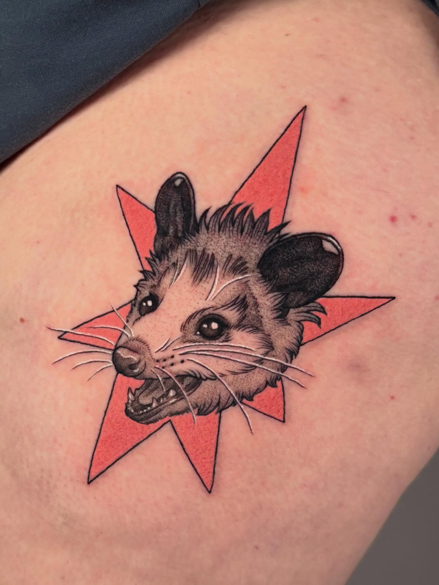 Possum realism tattoo on the thigh by leanna patterson, Ruston, Louisiana