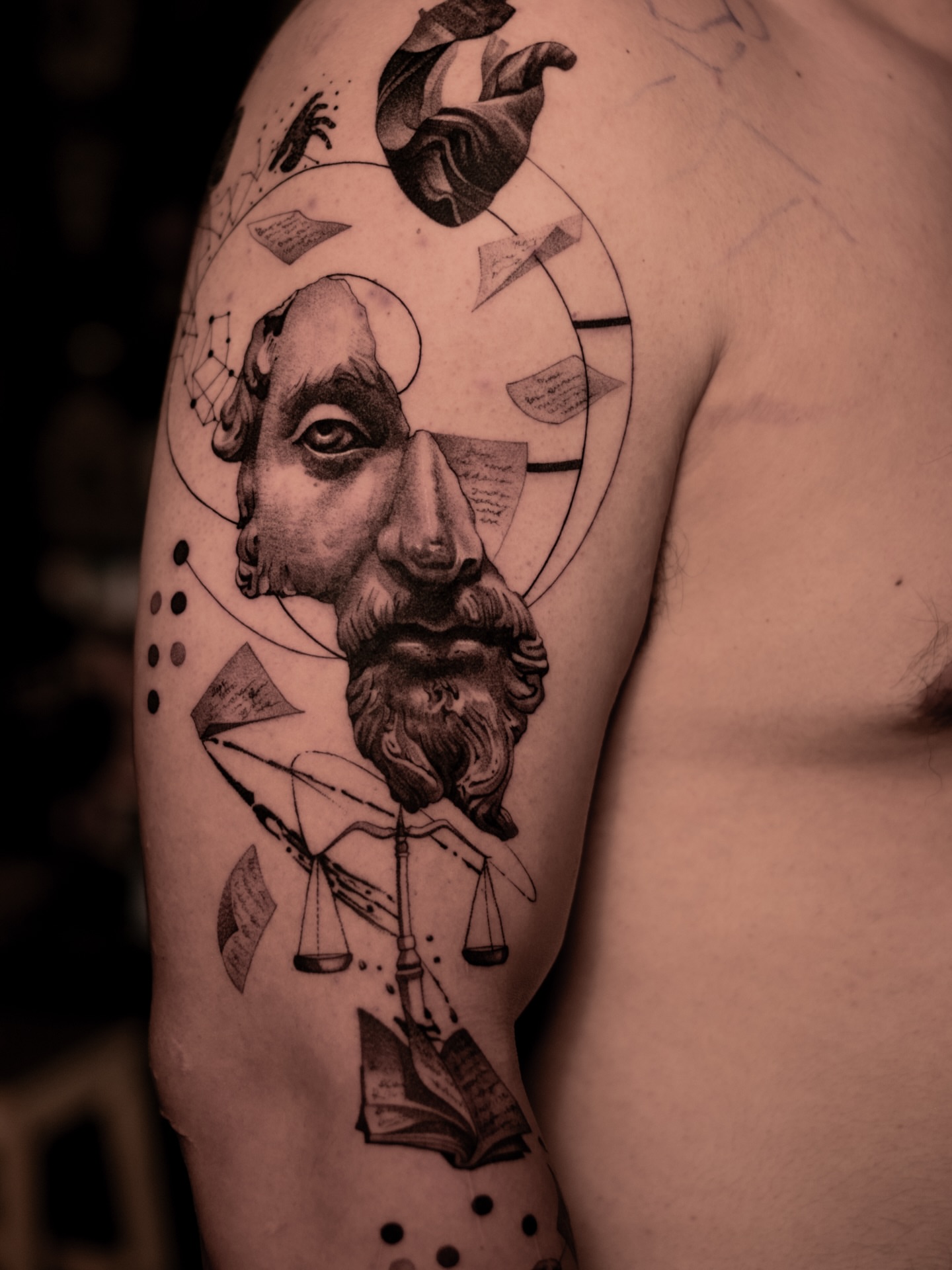 Astronomical figure dotwork tattoo on the shoulder by Mark D, Los Angeles, California