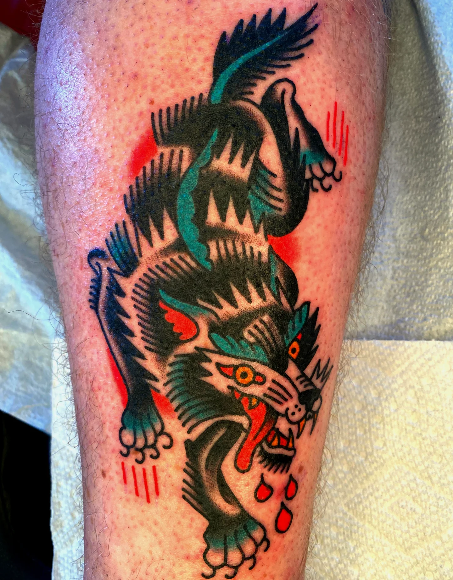 Roaring wolf American traditional tattoo on the forearm by Quinn, Kansas City, Missouri