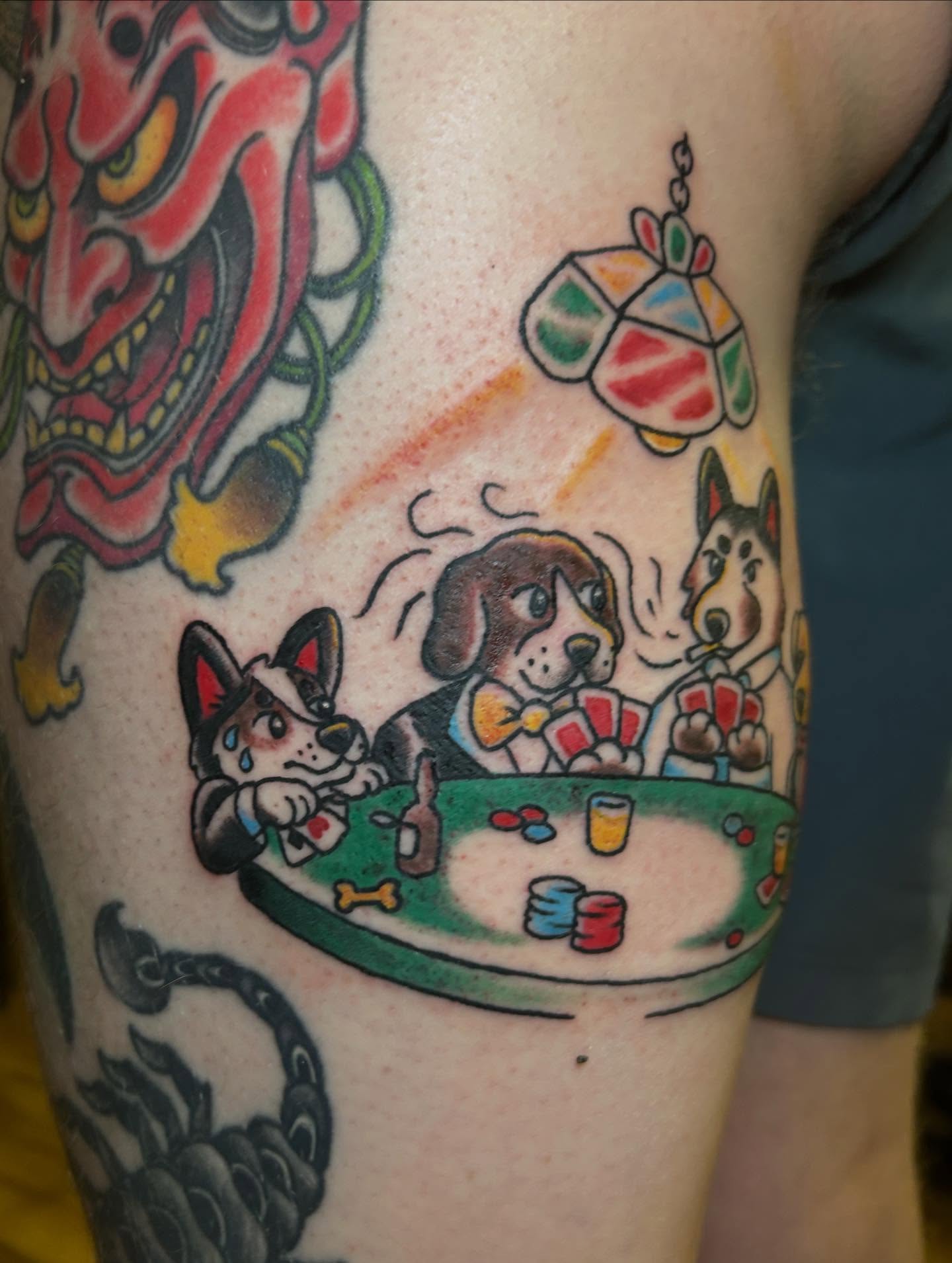 Dogs playing poker American traditional tattoo on the forearm by Sarah π€π»