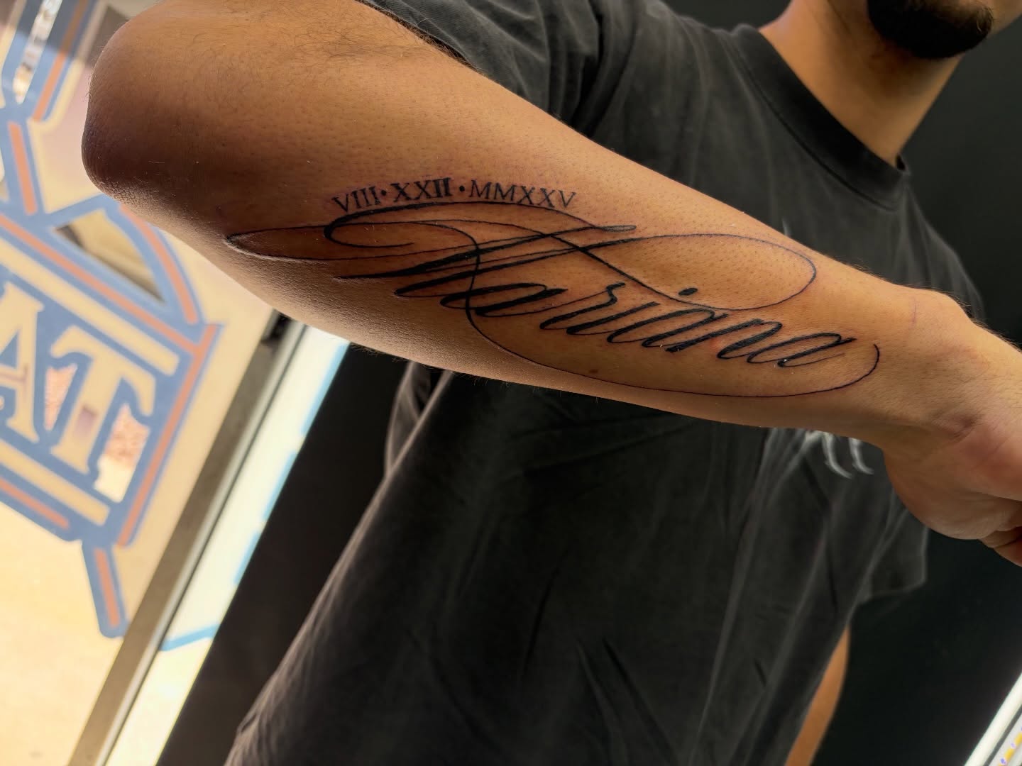Script lettering lettering script tattoo on the forearm by Calen Copeland