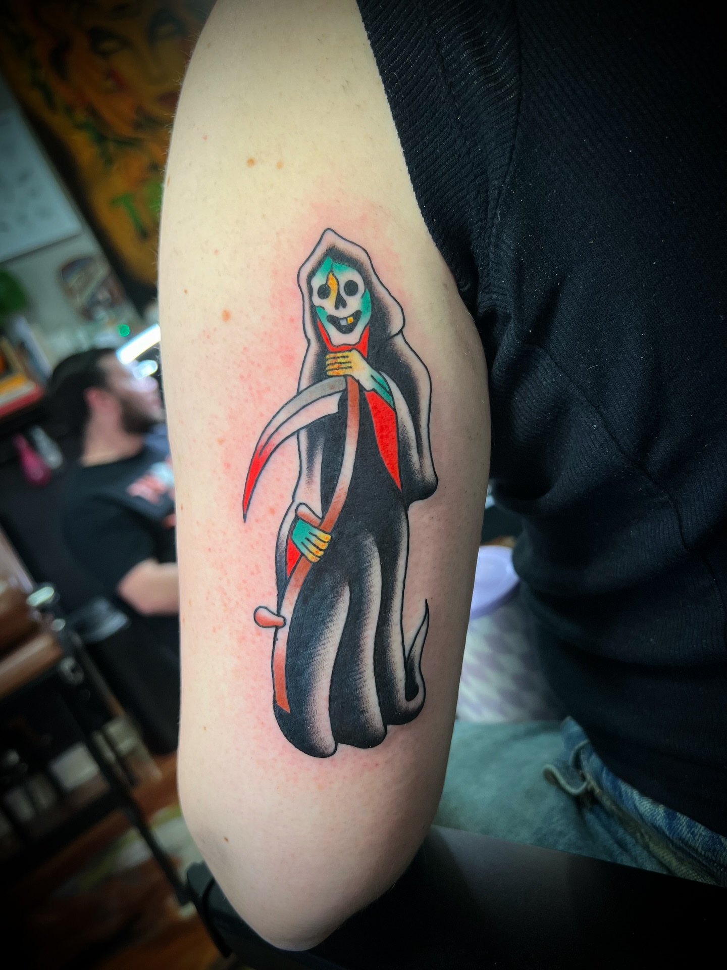 Reaper American traditional tattoo on the forearm by Michael Munter, Philadelphia, Pennsylvania