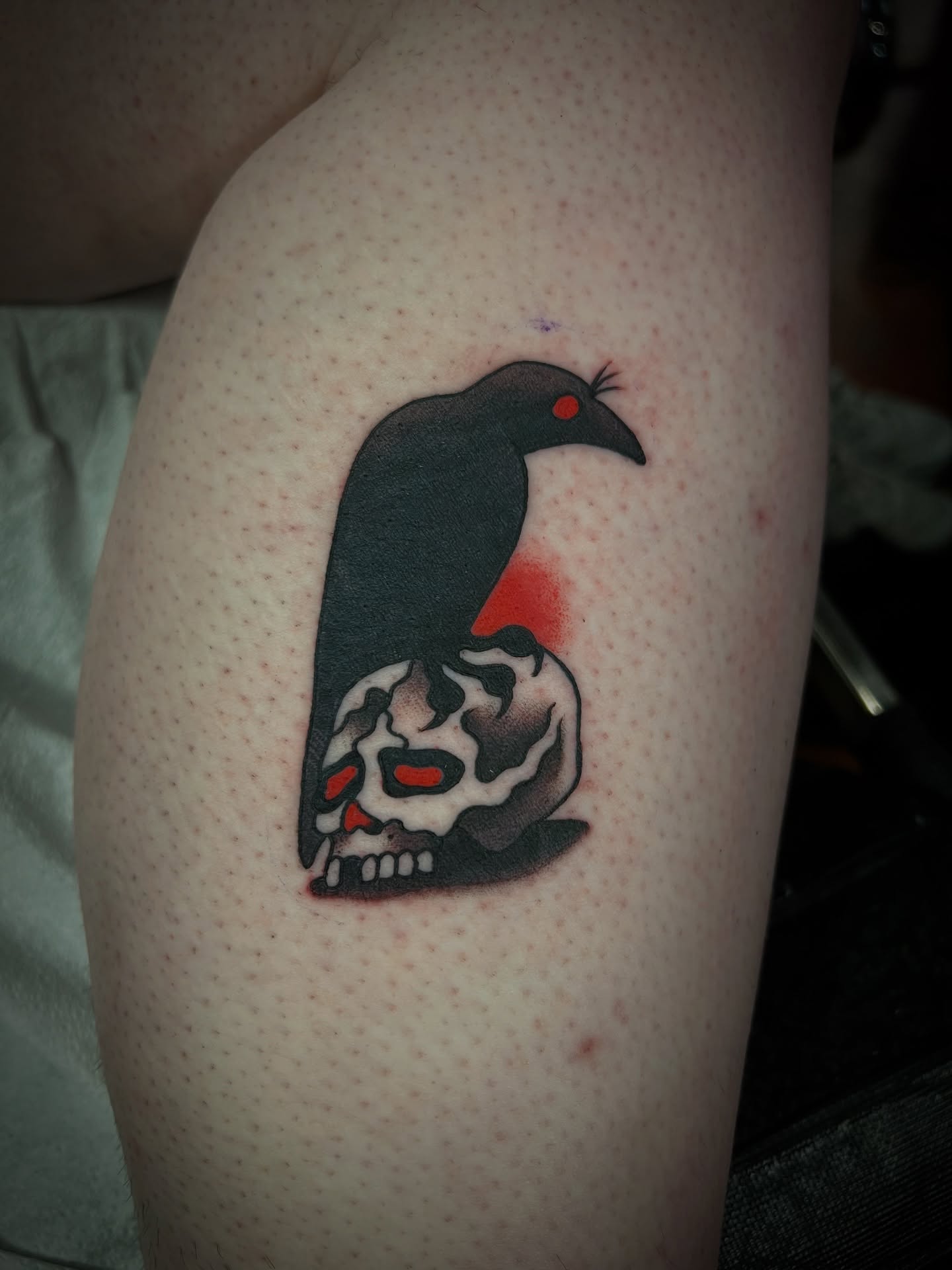 Crow and skull American traditional tattoo on the forearm by Michael Munter, Philadelphia, Pennsylvania