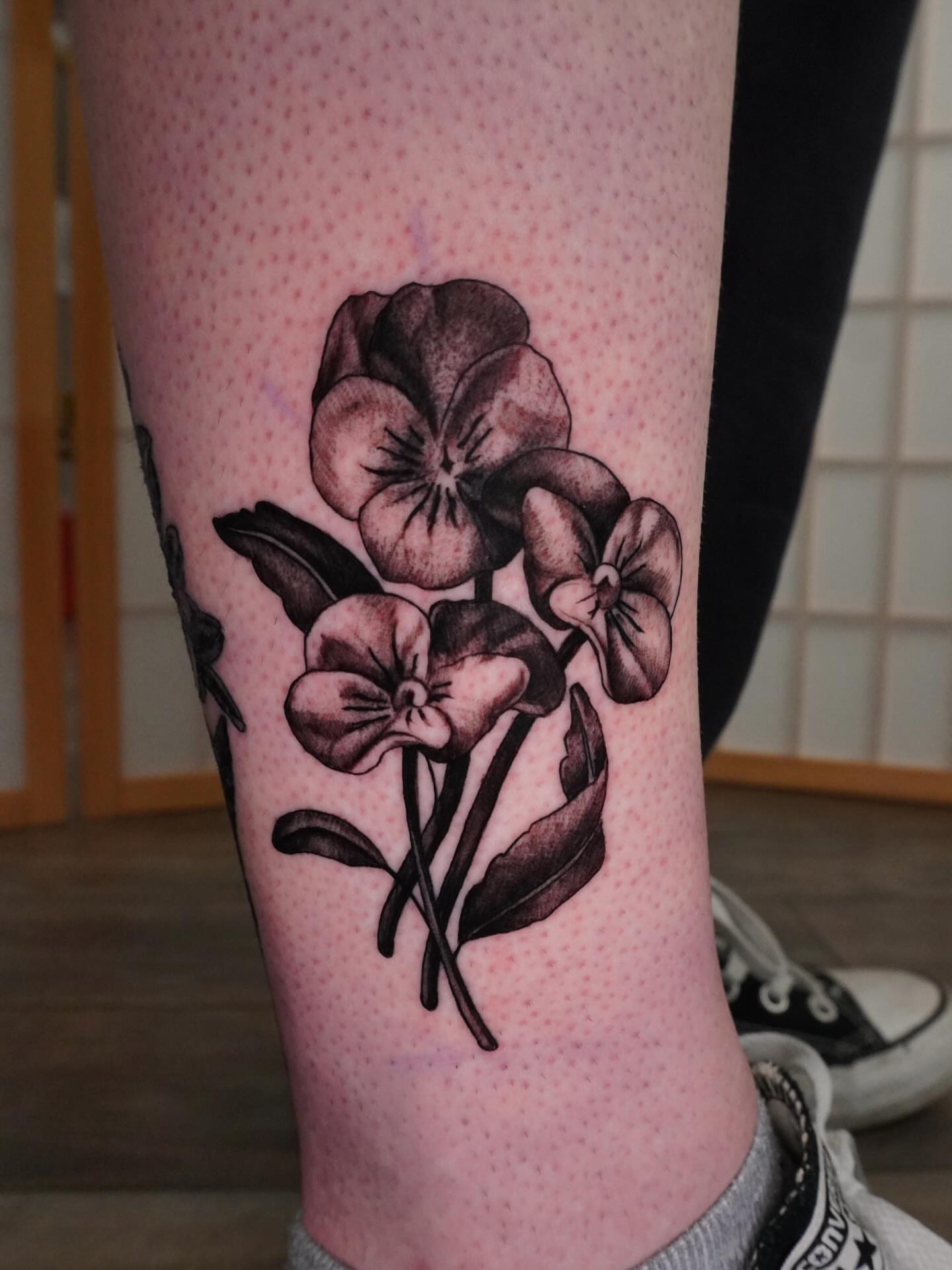 Pansies dotwork tattoo on the calf by hallow ☣︎ tattoo artist, Philadelphia, Pennsylvania
