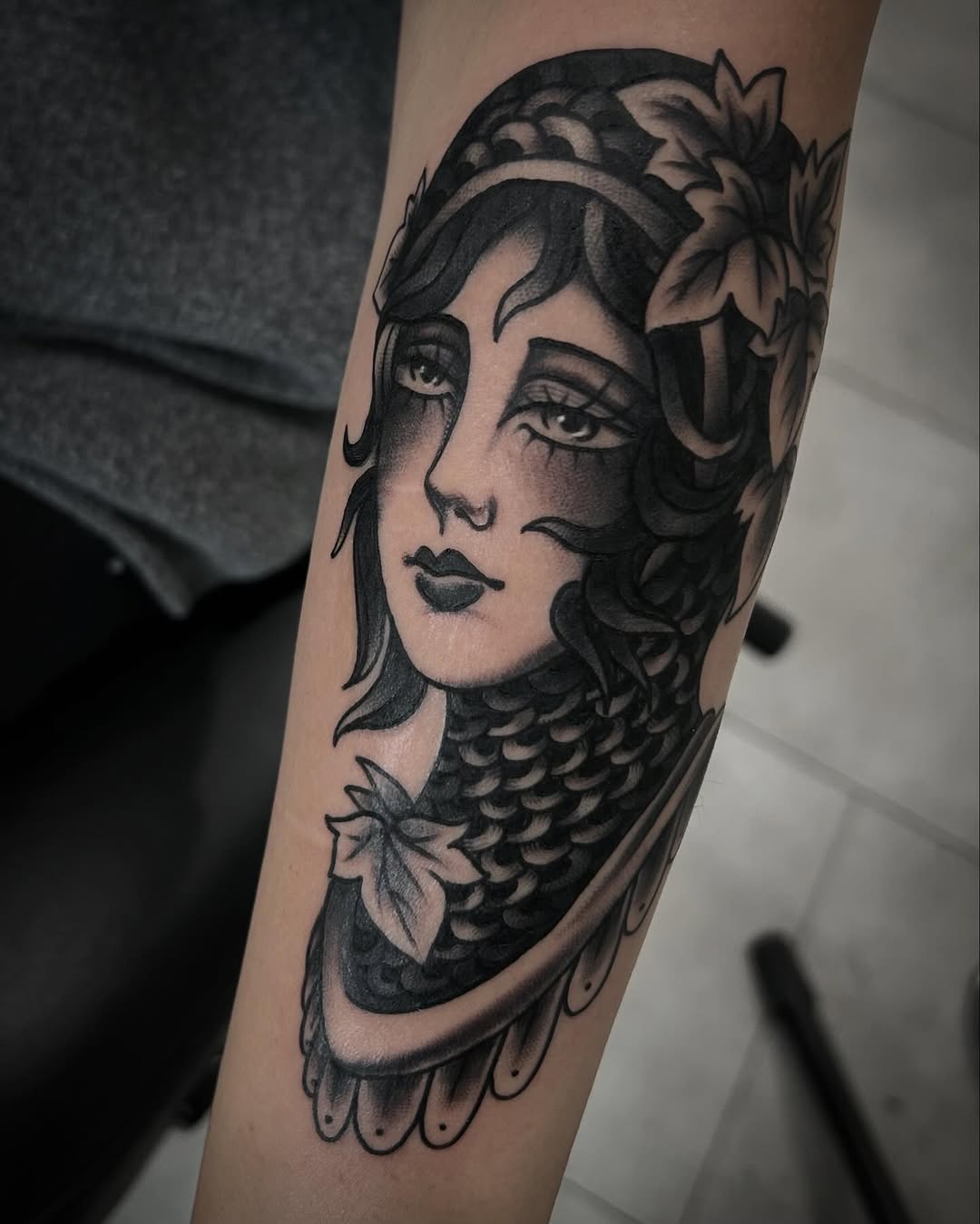 Tattoo by @samanthaxtattoo — black_and_grey, neo_traditional