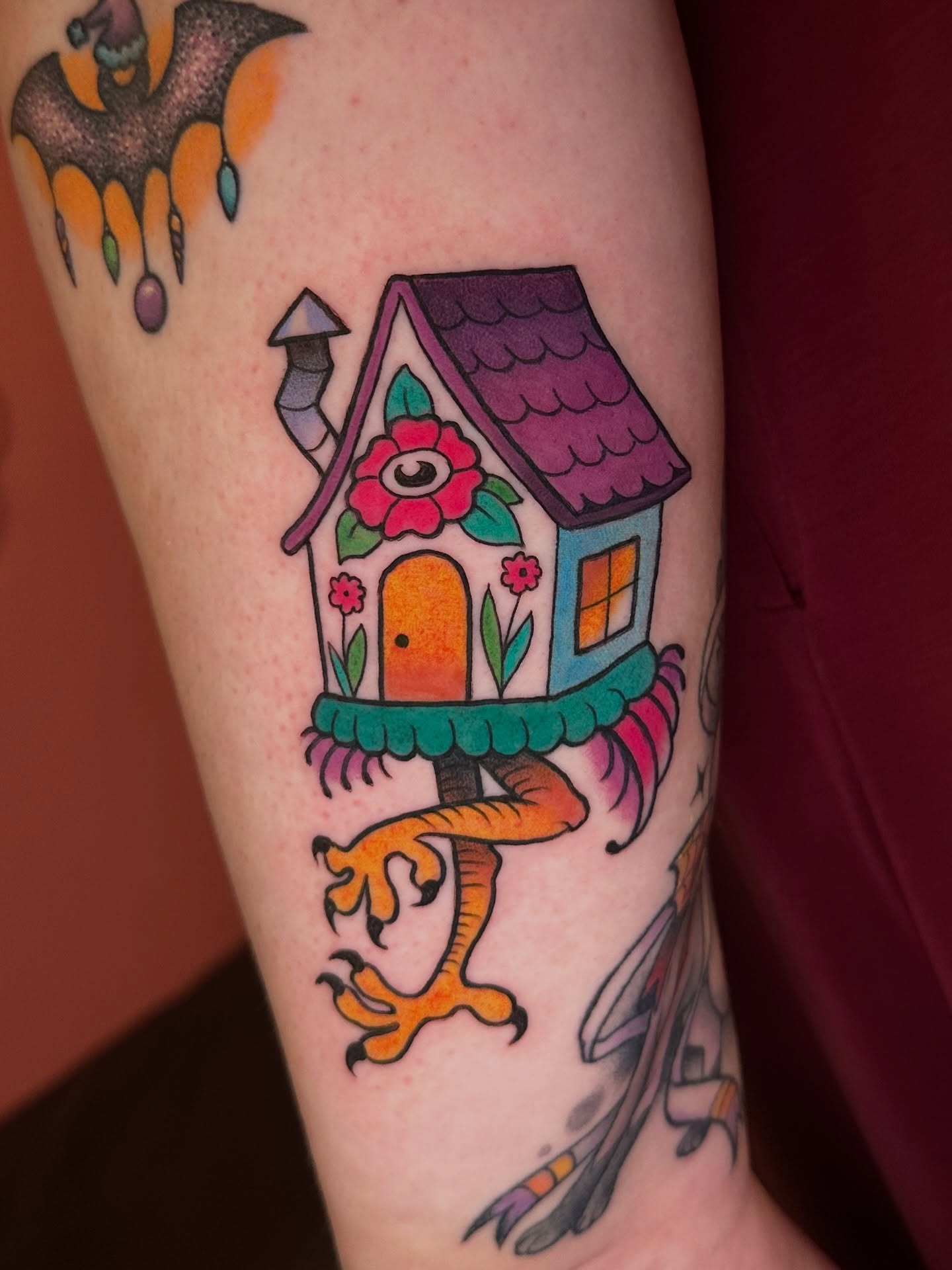 House with dragon American traditional tattoo on the forearm by 𝔪𝔞𝔩𝔢𝔯𝔦𝔢 𝔫𝔢𝔳𝔢𝔯𝔪𝔬𝔯𝔢 🐦‍⬛ 𝔫𝔢𝔴 𝔧𝔢𝔯𝔰𝔢𝔶 𝔱𝔞𝔱𝔱𝔬𝔬