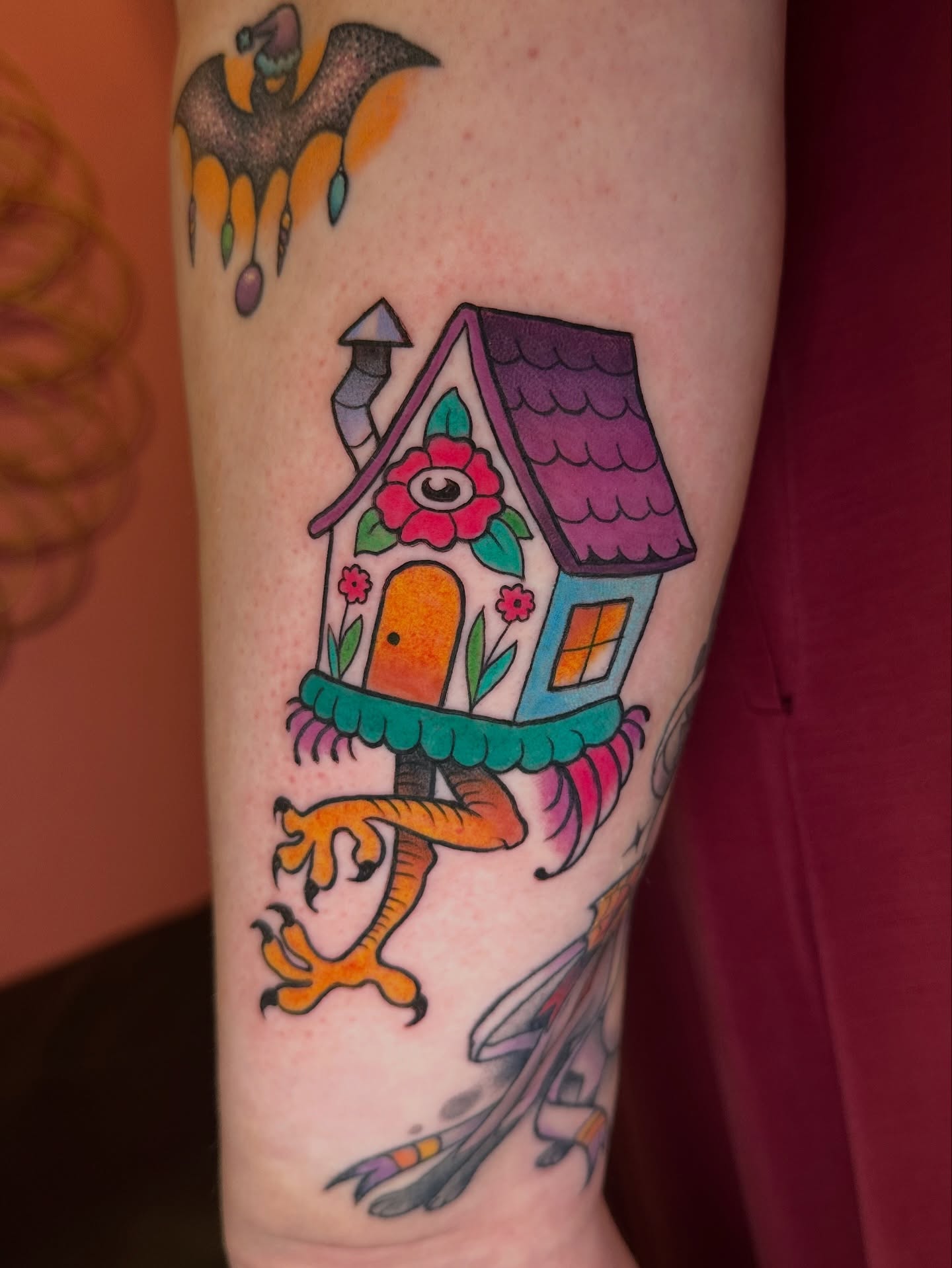 House with dragon American traditional tattoo on the forearm by 𝔪𝔞𝔩𝔢𝔯𝔦𝔢 𝔫𝔢𝔳𝔢𝔯𝔪𝔬𝔯𝔢 🐦‍⬛ 𝔫𝔢𝔴 𝔧𝔢𝔯𝔰𝔢𝔶 𝔱𝔞𝔱𝔱𝔬𝔬