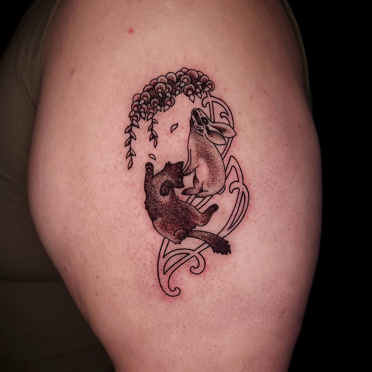 Cat and dragon black and grey tattoo on the shoulder by Sheena Yu-Hsin Wood