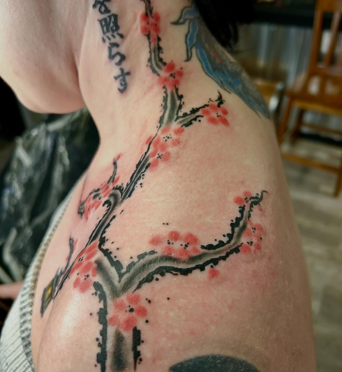 Cherry blossom tree dotwork tattoo on the shoulder by darklord_666