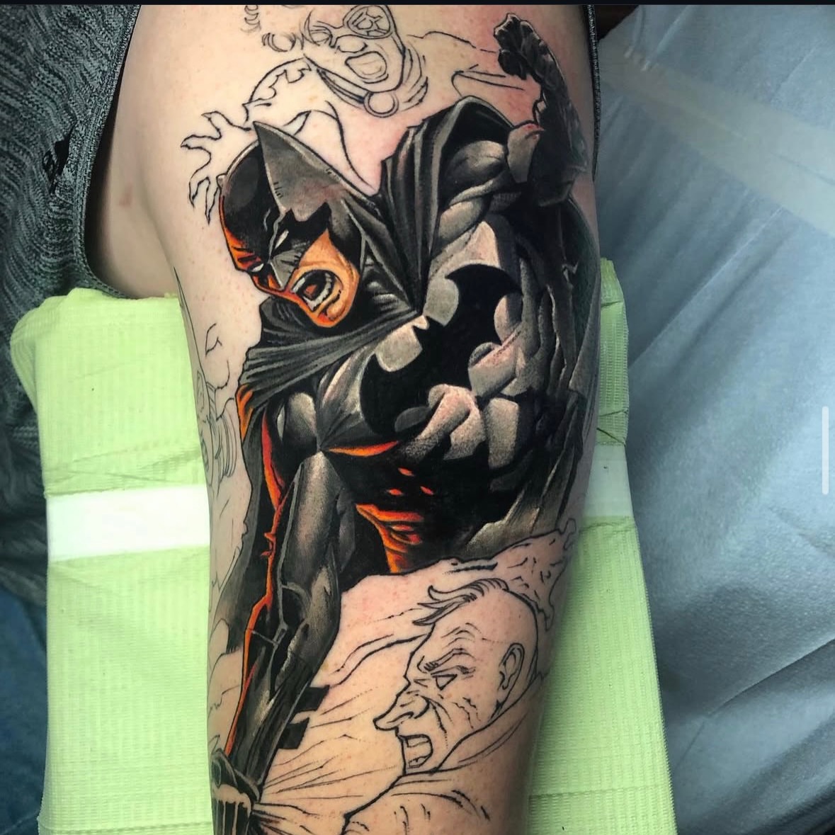 Batman dark realism tattoo on the forearm by Seth Holmes