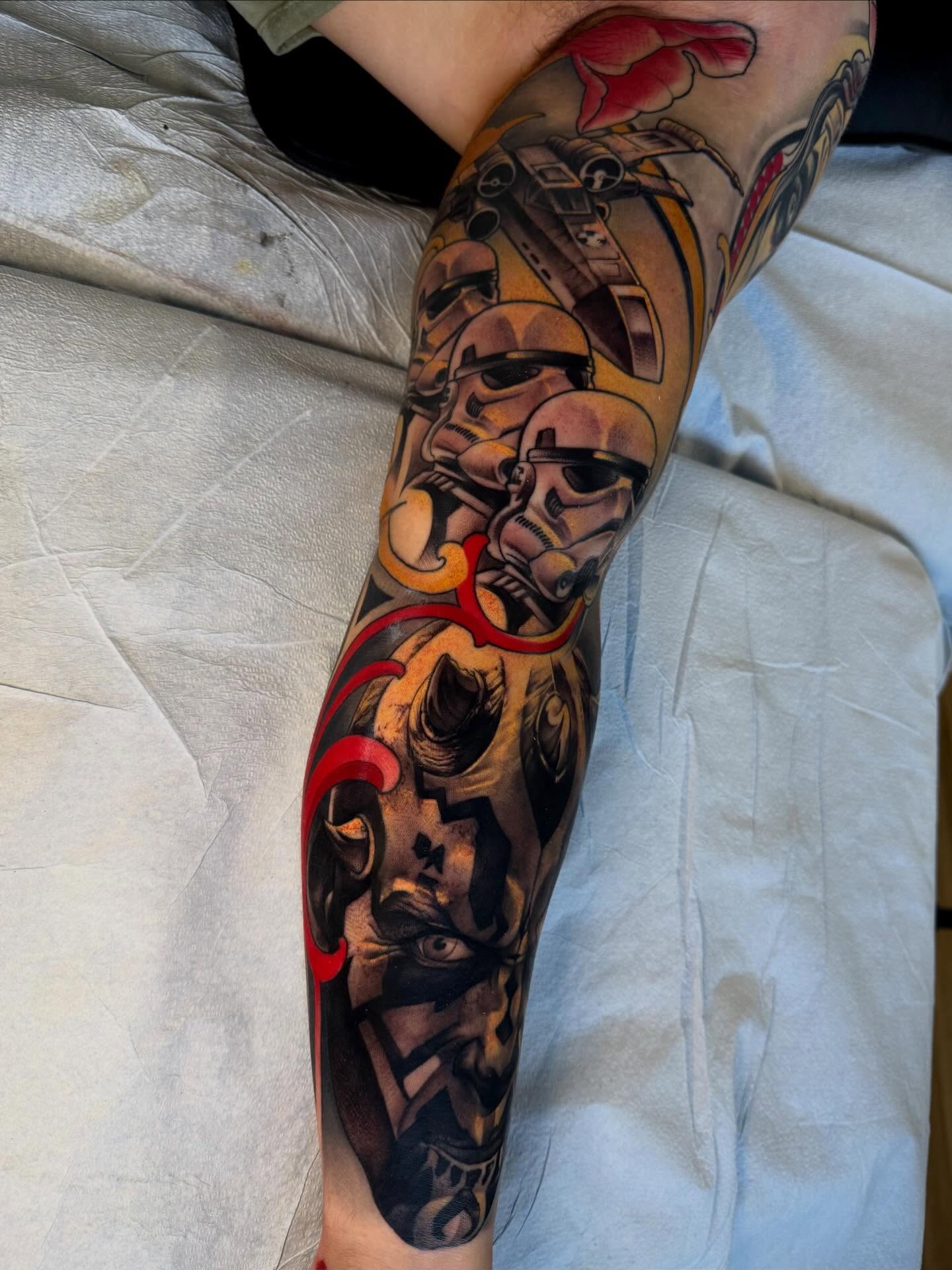 Stormtroopers and samurai realism tattoo on the forearm by Bryan ๐ฅ Loggins, Baton Rouge, Louisiana
