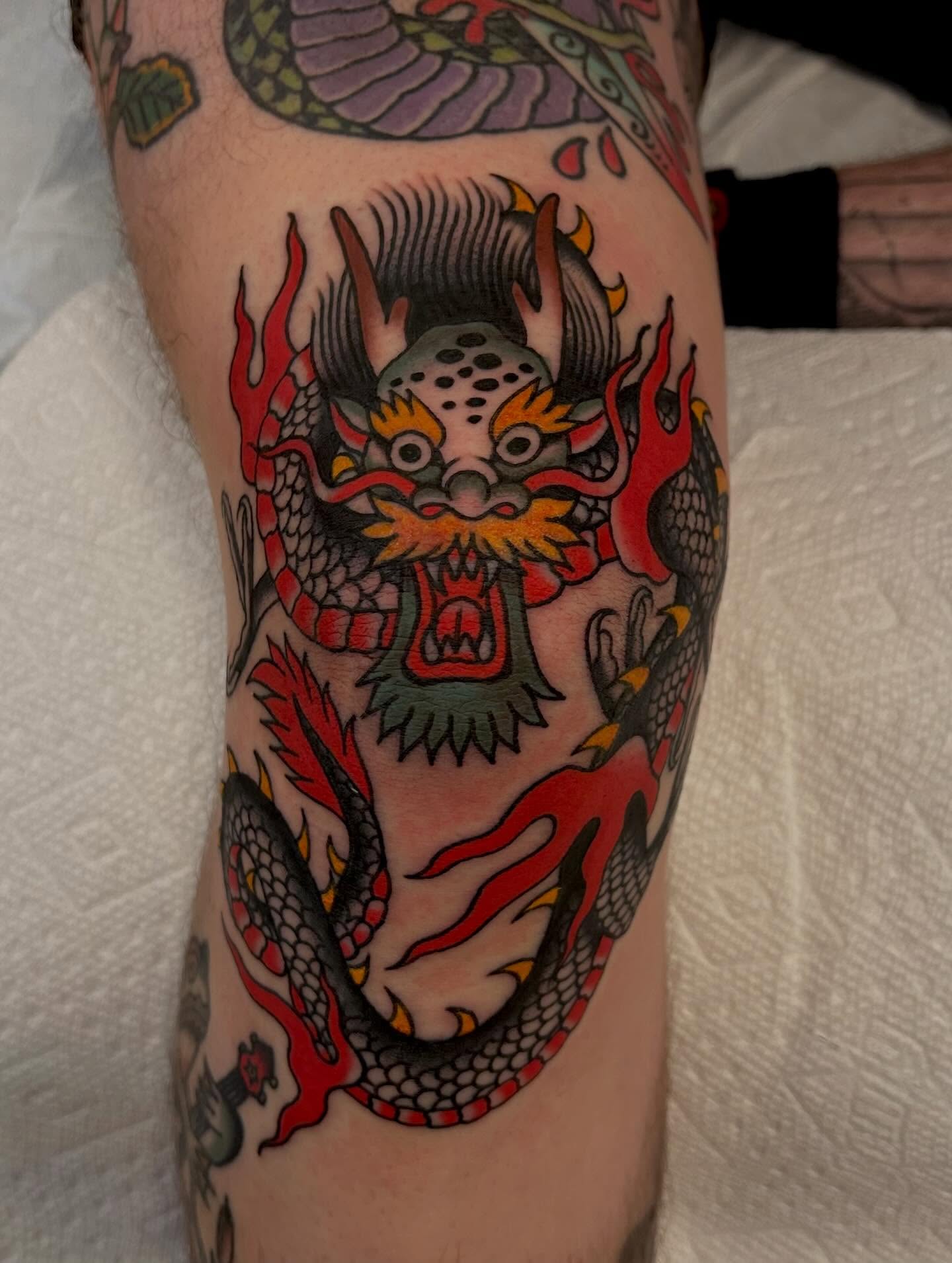Dragon American traditional tattoo on the forearm by Christian Lasyone