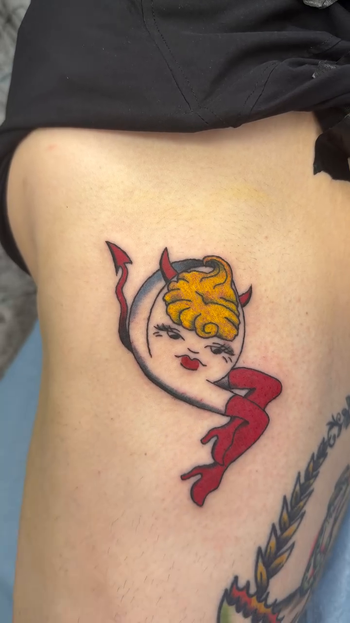 American traditional tattoo on the thigh by Giana Masso