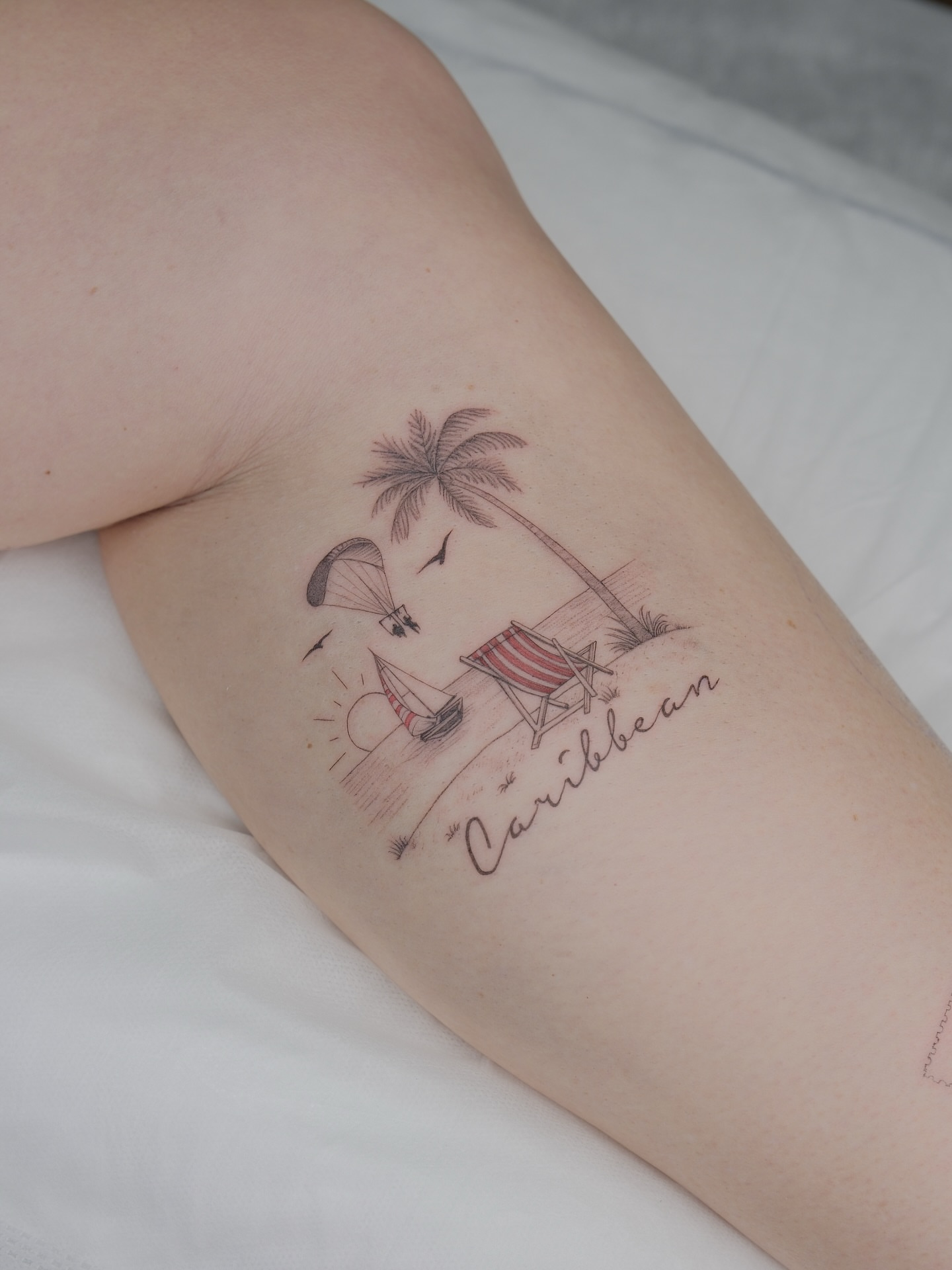 Beach scene dotwork tattoo on the forearm by Tattoo in Charlotte NC, Charlotte, North Carolina