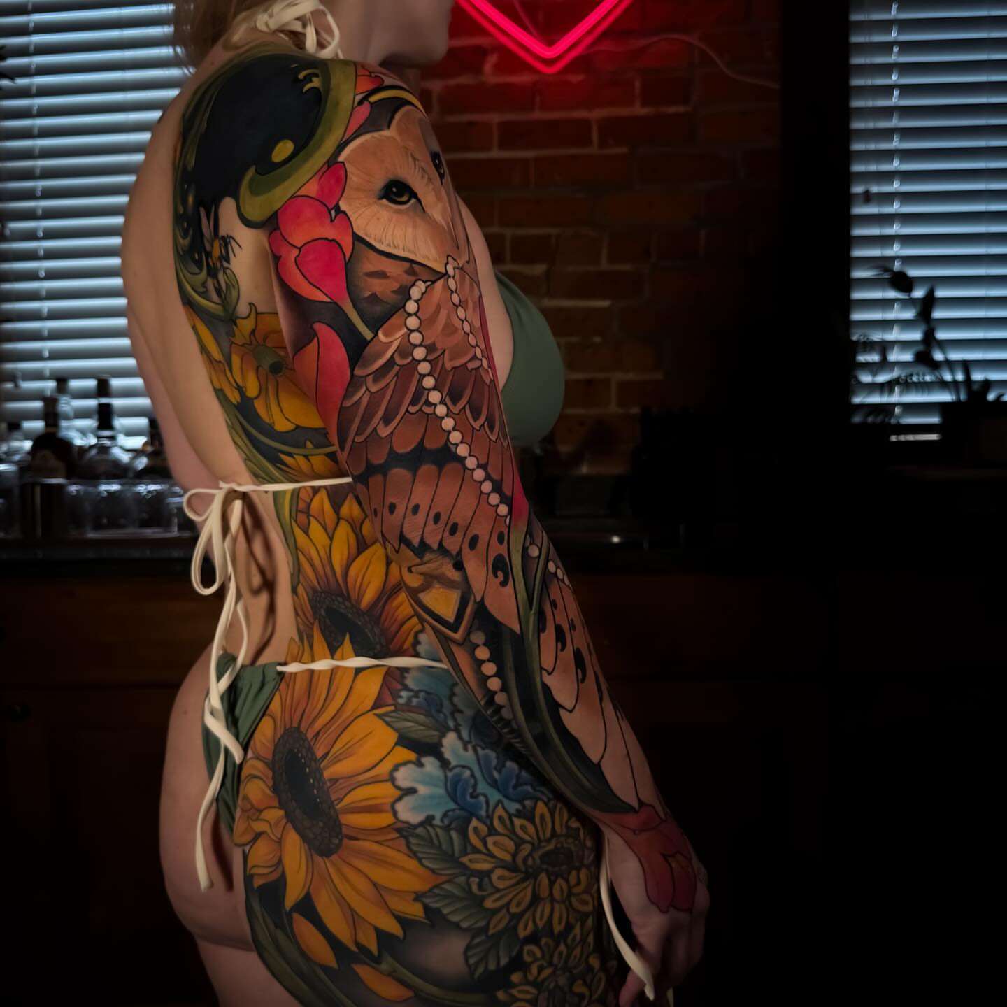 Sunflower and owl American traditional tattoo on the back by Carlos Valdes ✨ Tattoo Artist in Tampa FL