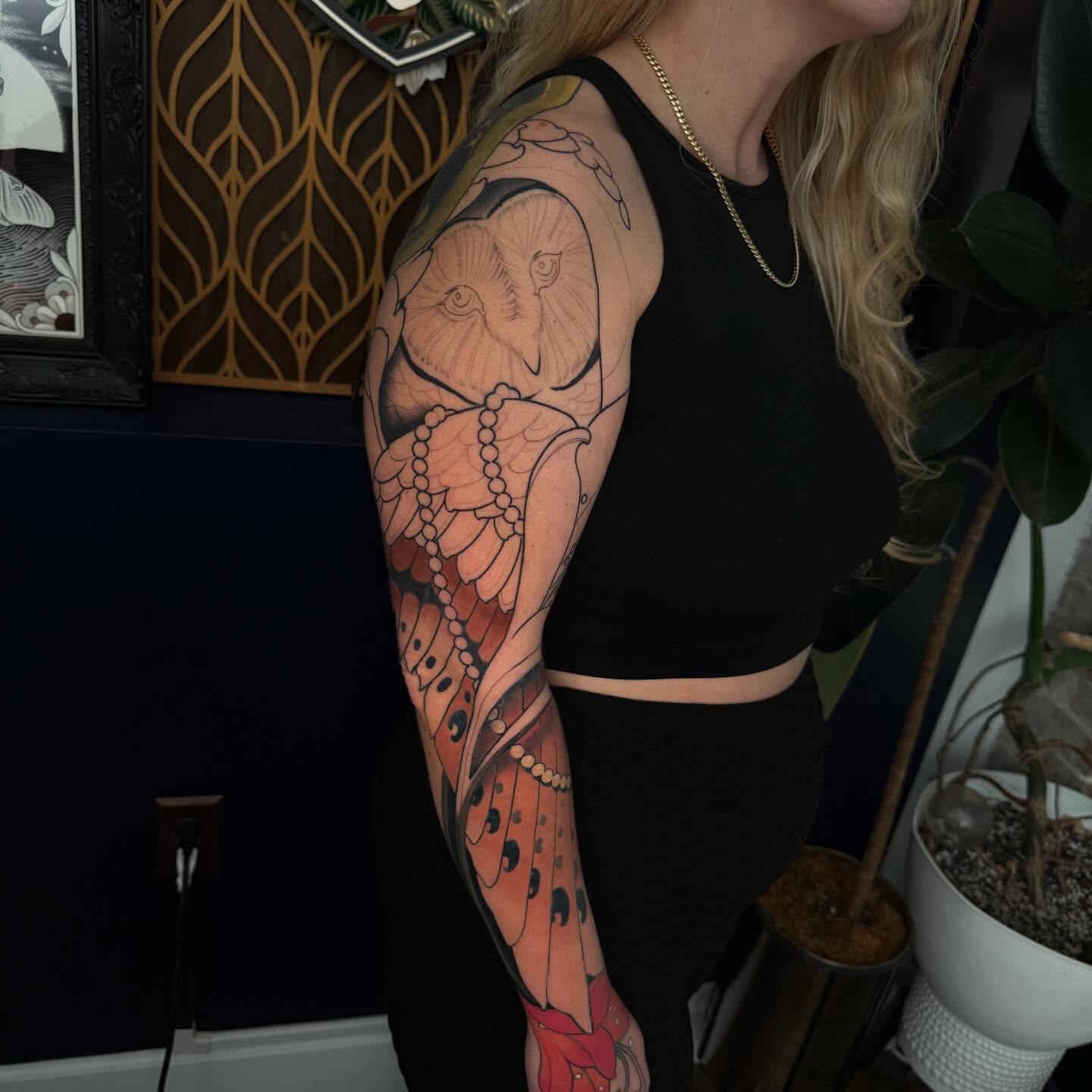 Owl and floral dotwork tattoo on the forearm by Carlos Valdes ✨ Tattoo Artist in Tampa FL