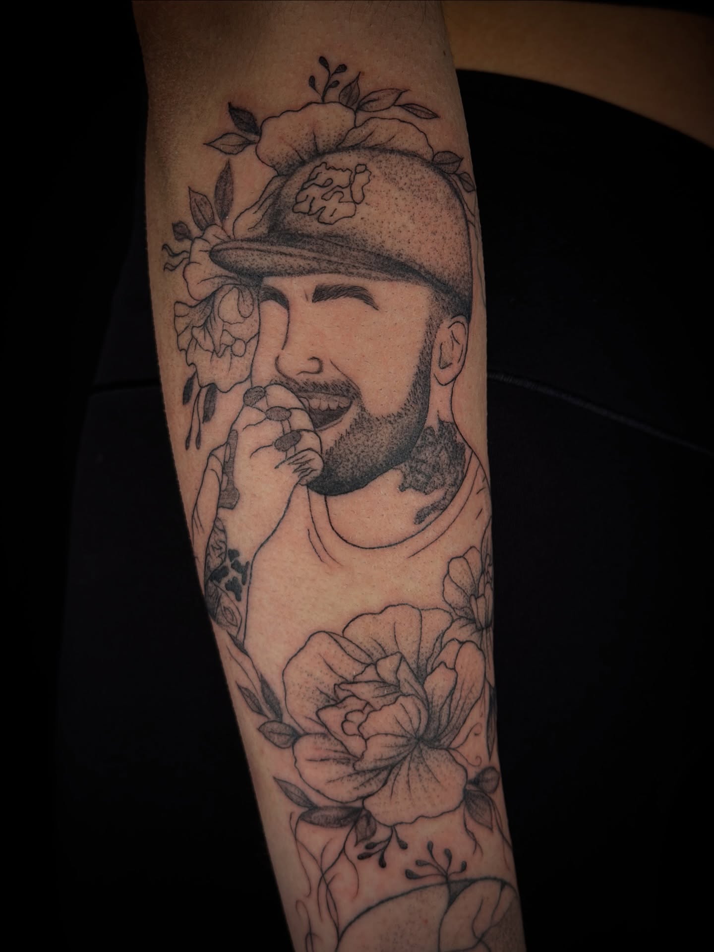 Portrait with flowers dotwork tattoo on the forearm by ollie b ⋆⟡⋆, Dayton, Ohio