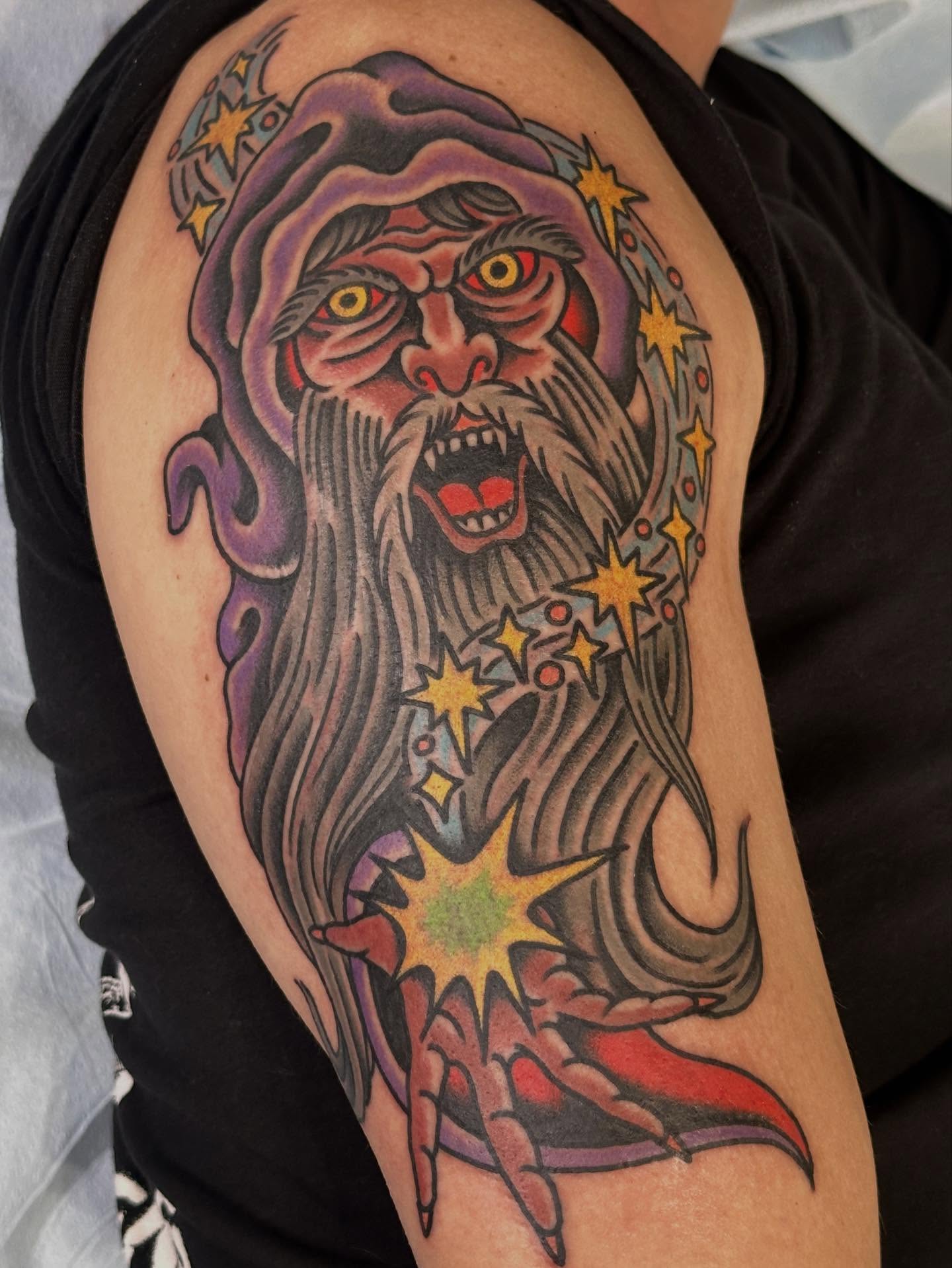 Wizard American traditional tattoo on the shoulder by Cody Woolard, Seymour, Tennessee