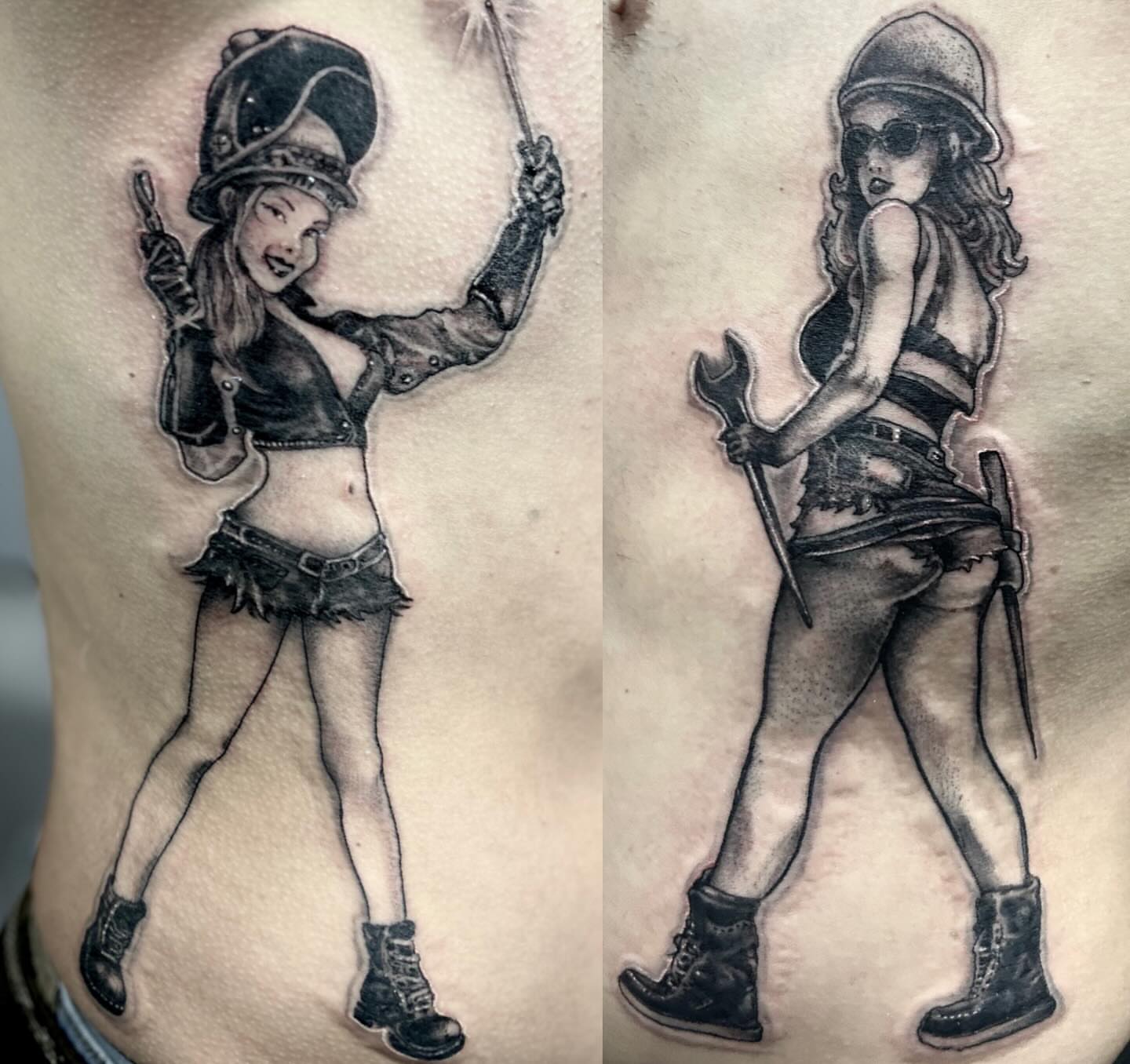 Female steampunk character realism tattoo on the ribs by Matthew Clanin