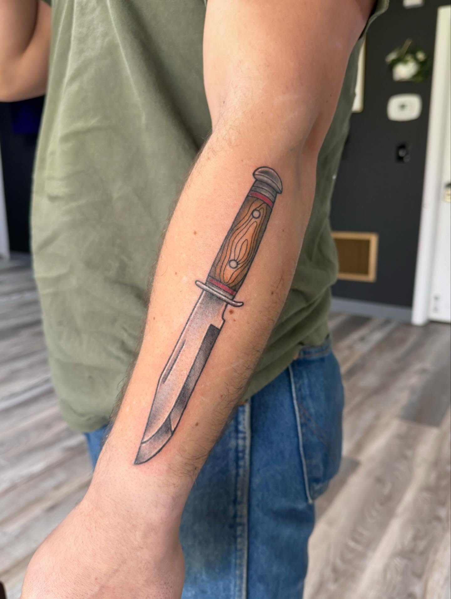 Knife realism tattoo on the forearm by ✶ teryn ✶, Akron, Ohio