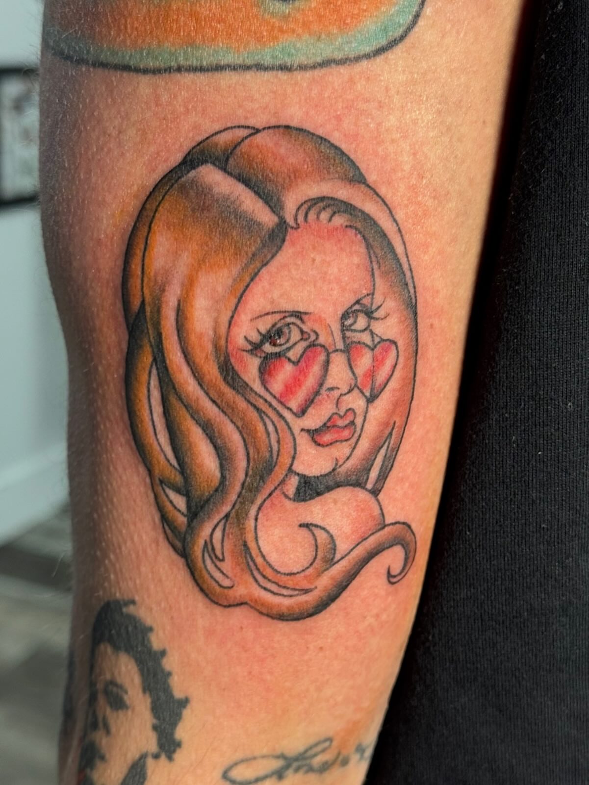 Woman's face American traditional tattoo on the forearm by Bradleigh Pretti🌟