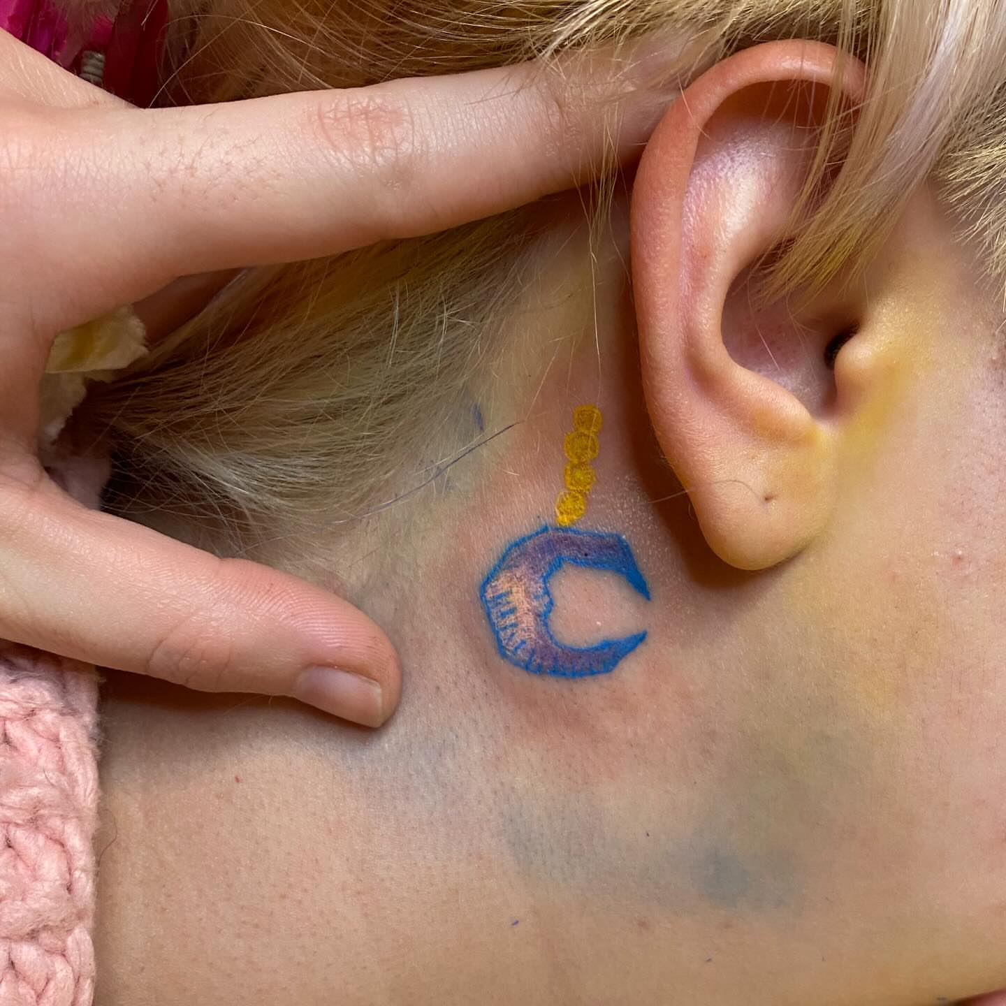 Moon and stars dotwork tattoo on the neck by ren
