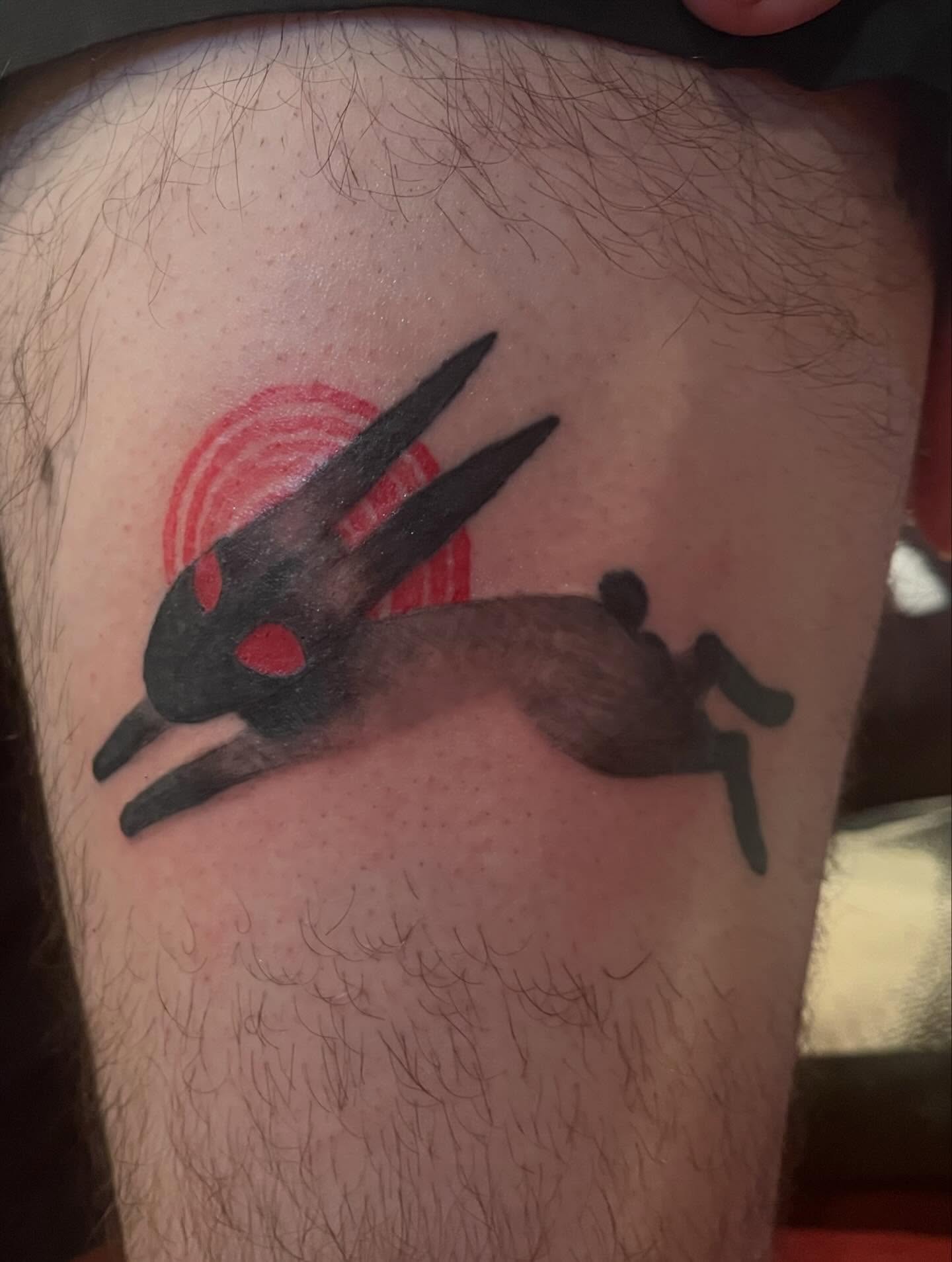 Rabbit dotwork tattoo on the thigh by ren