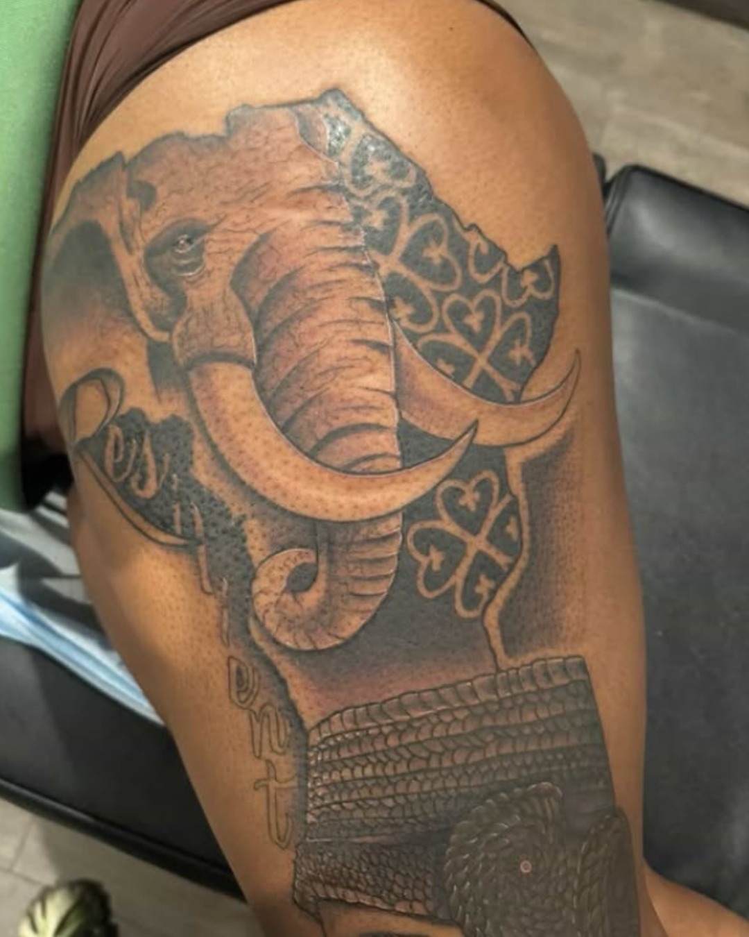 Elephant realism tattoo on the shoulder by Mariyah Rhae Lewis