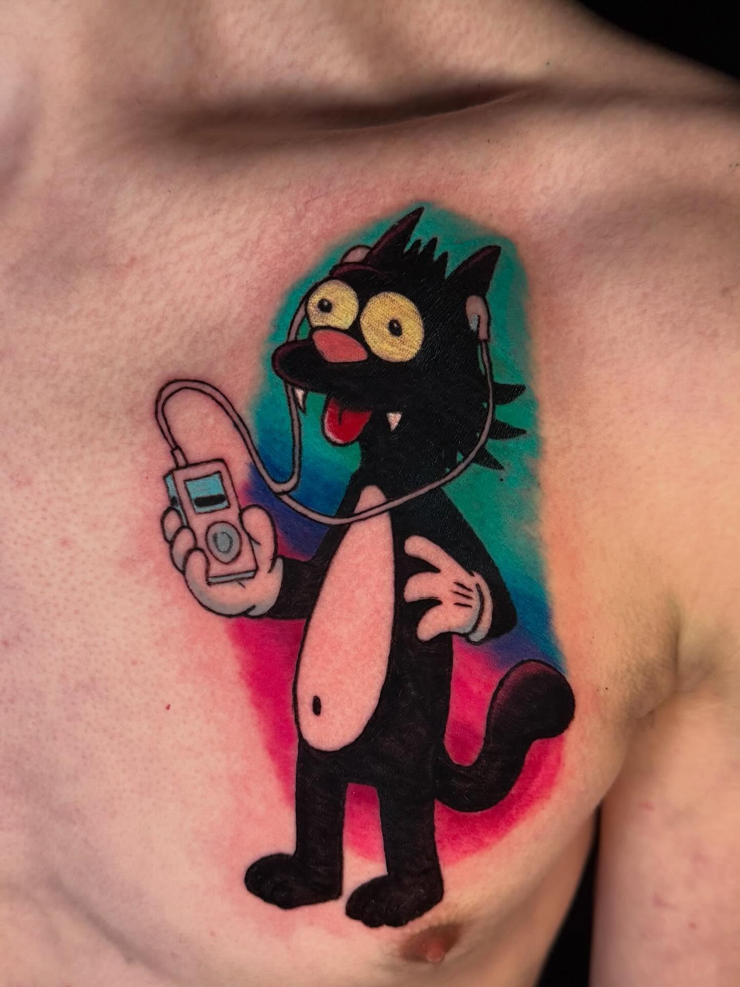 Cat with MP3 player new school tattoo on the chest by Damon Moore