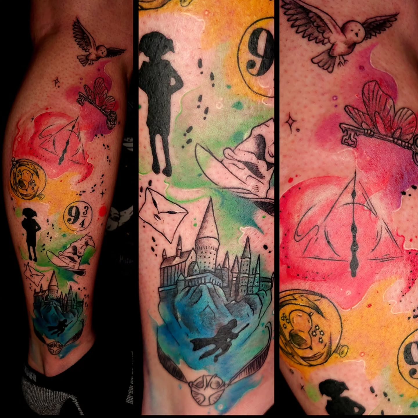 Harry Potter watercolor tattoo on the forearm by Ian Duncanson