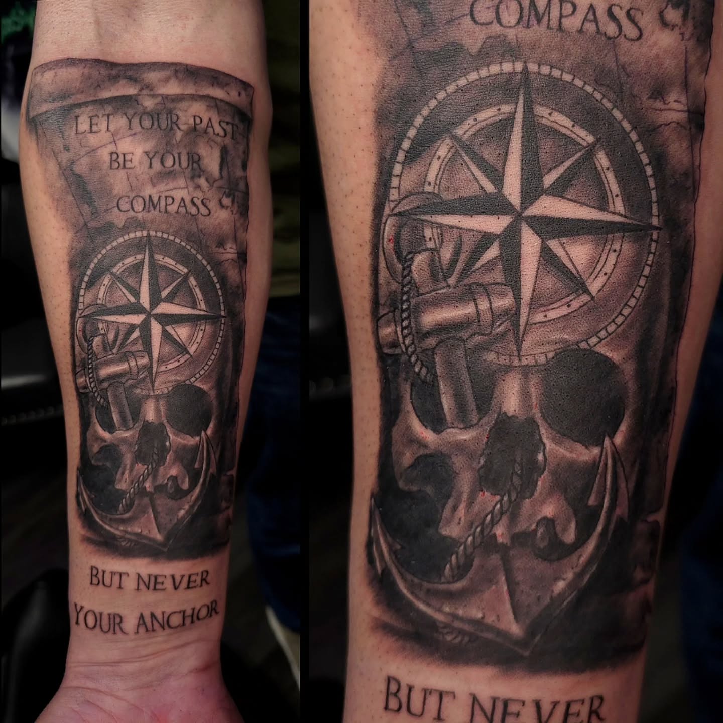 Compass and skull realism tattoo on the forearm by Ian Duncanson