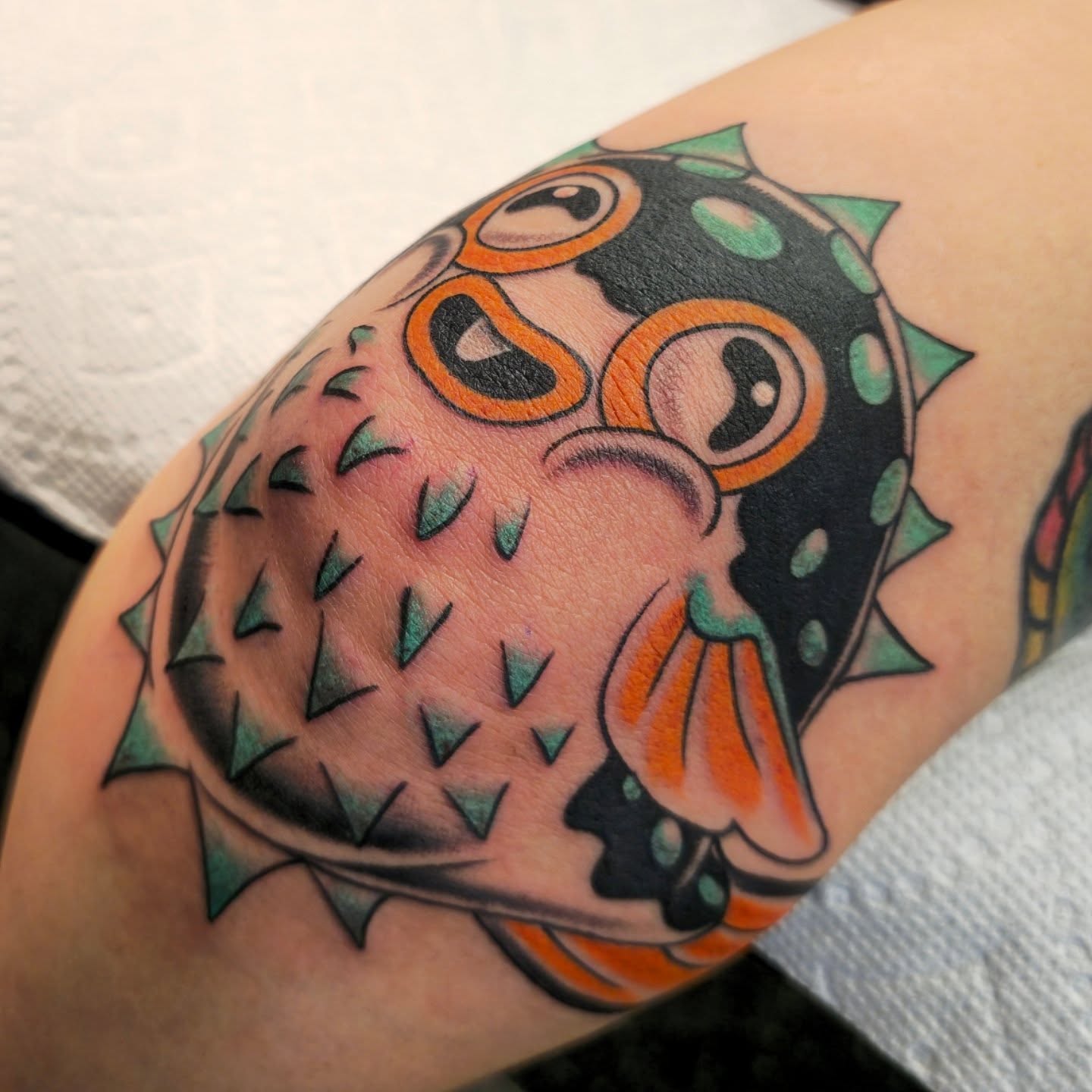 Puffer fish American traditional tattoo on the forearm by Tattoo Artist, Orange, California