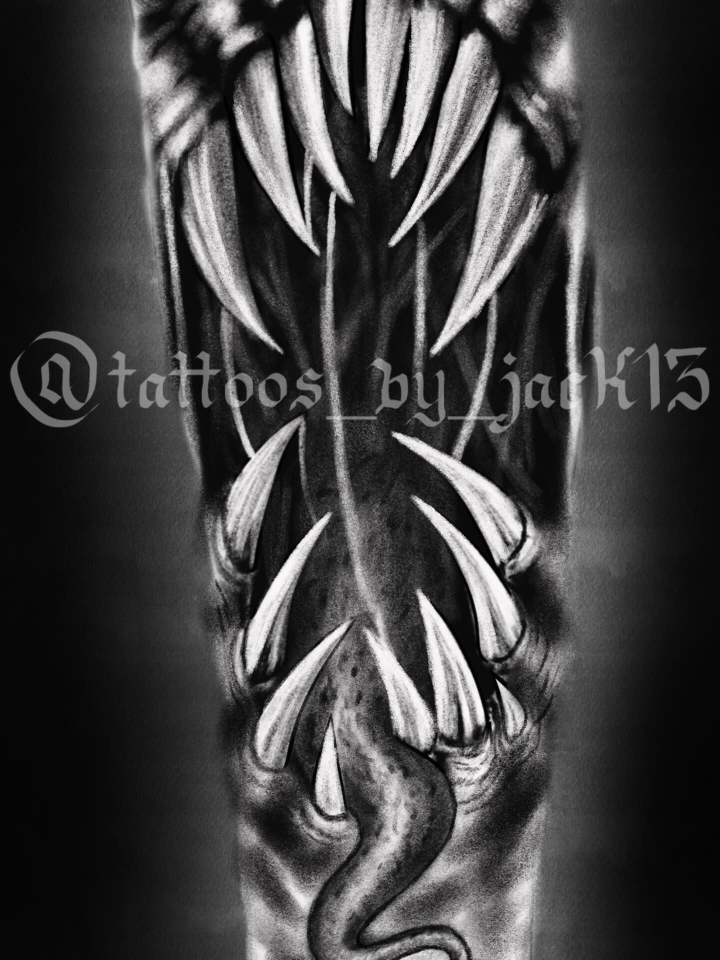 Fangs black and grey tattoo on the forearm by Jack Ferreri