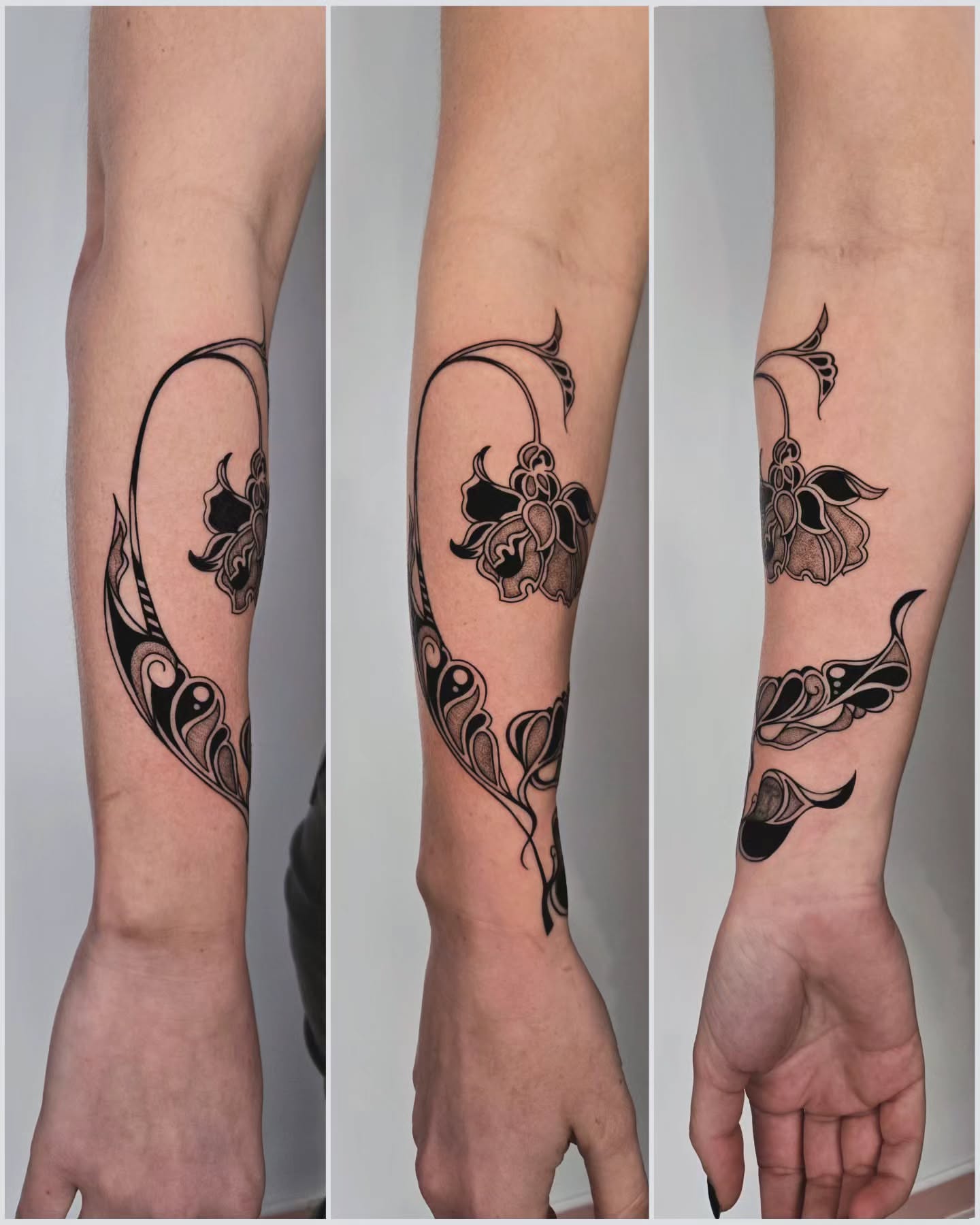 Floral design tribal tattoo on the forearm by Kirstie Lew Tattoo