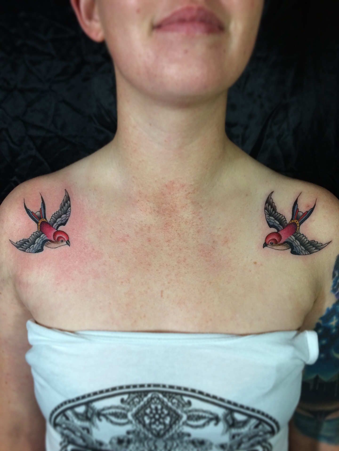 Swallows American traditional tattoo on the chest by D Benzo ~ San Diego Tattoo artist ~