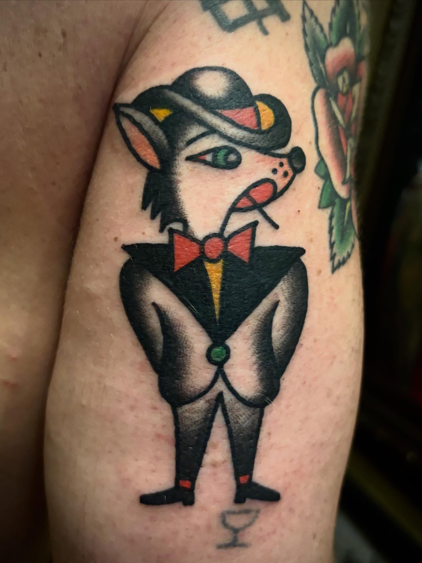 Fox in tuxedo American traditional tattoo on the forearm by Danny DiBlasi, San Francisco, California