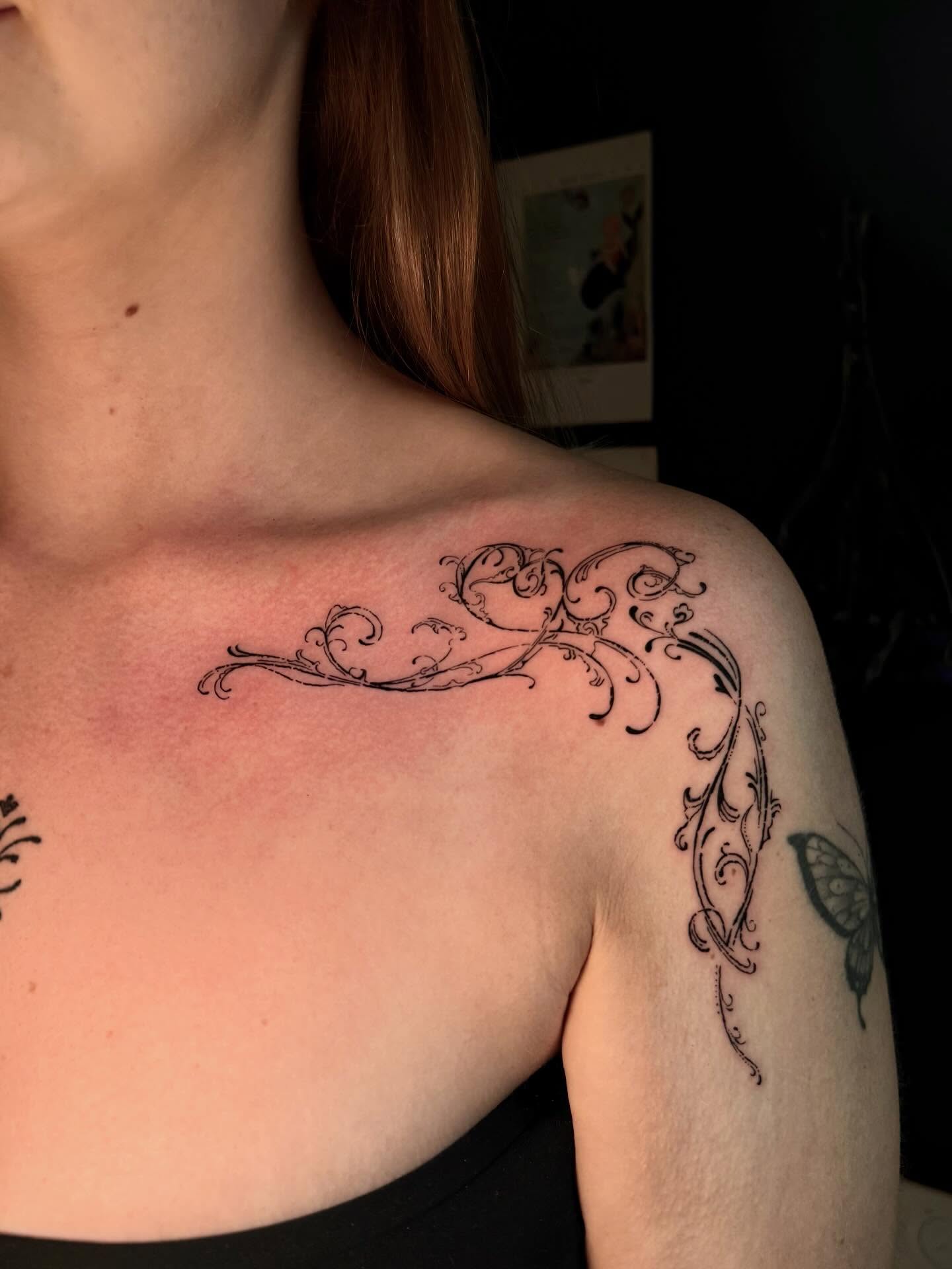 Scrollwork ornamental tattoo on the shoulder by elisa!  ✶ illustrative blackwork tattoo