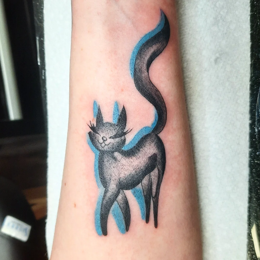 Cat dotwork tattoo on the forearm by Kaetlyn