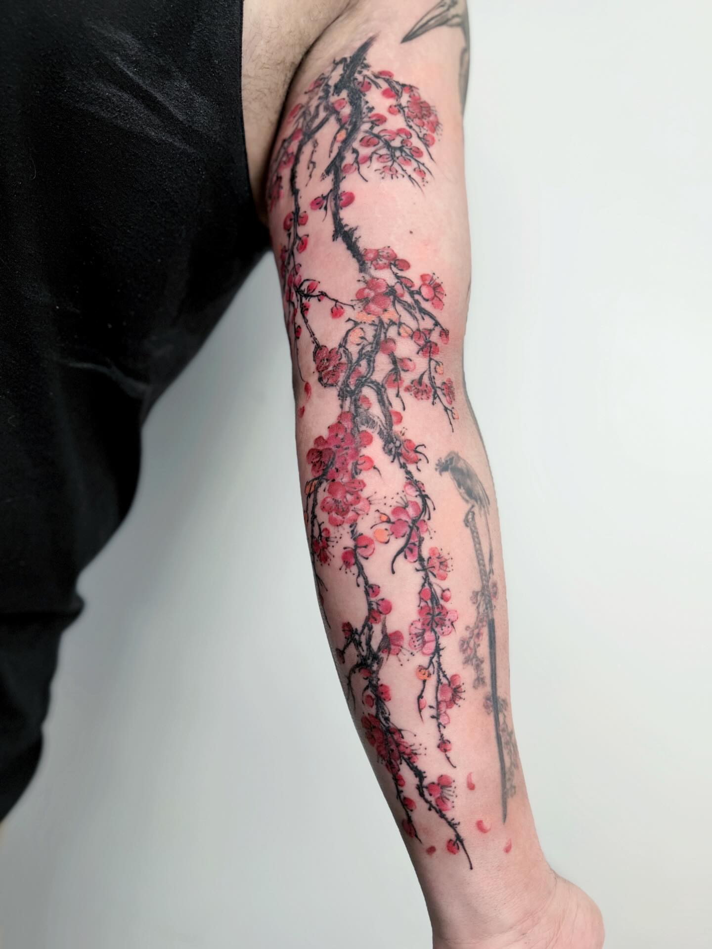 Cherry blossom branch watercolor tattoo on the forearm by Jiang_Tattooer