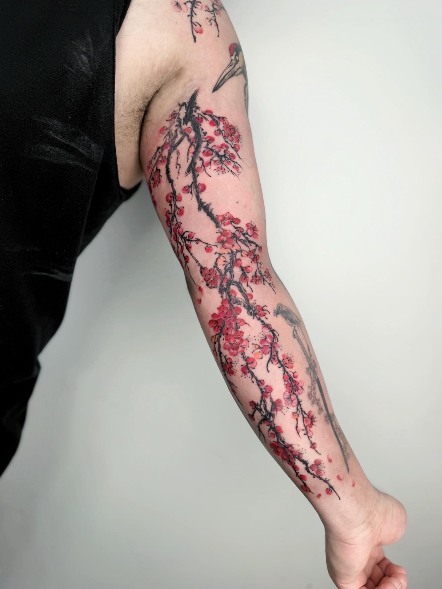 Cherry blossom tree dotwork tattoo on the forearm by Jiang_Tattooer