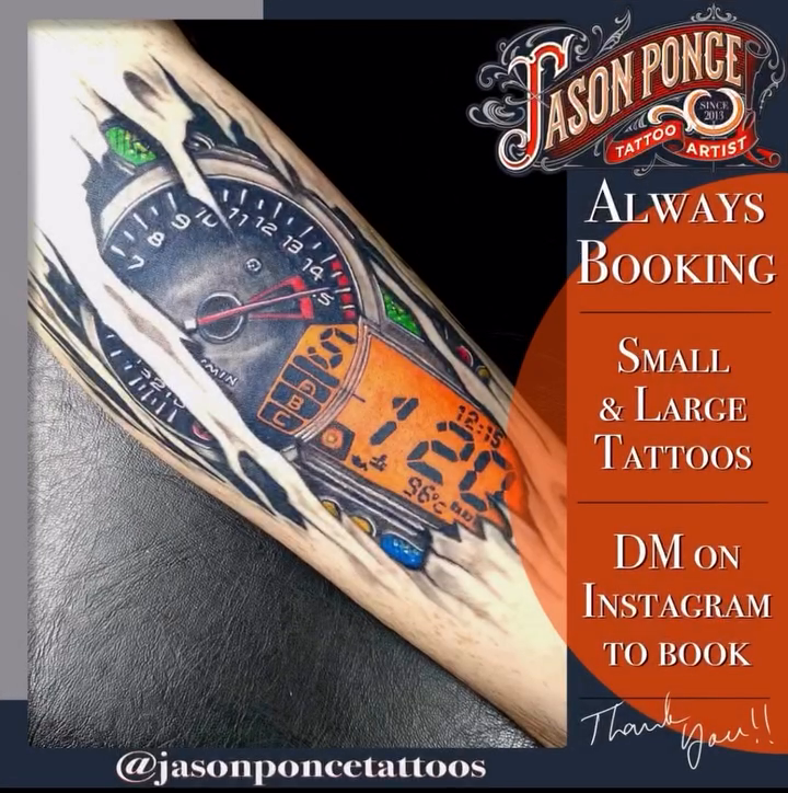 Tattoo of a speedometer dark art tattoo on the forearm by Jason Ponce
