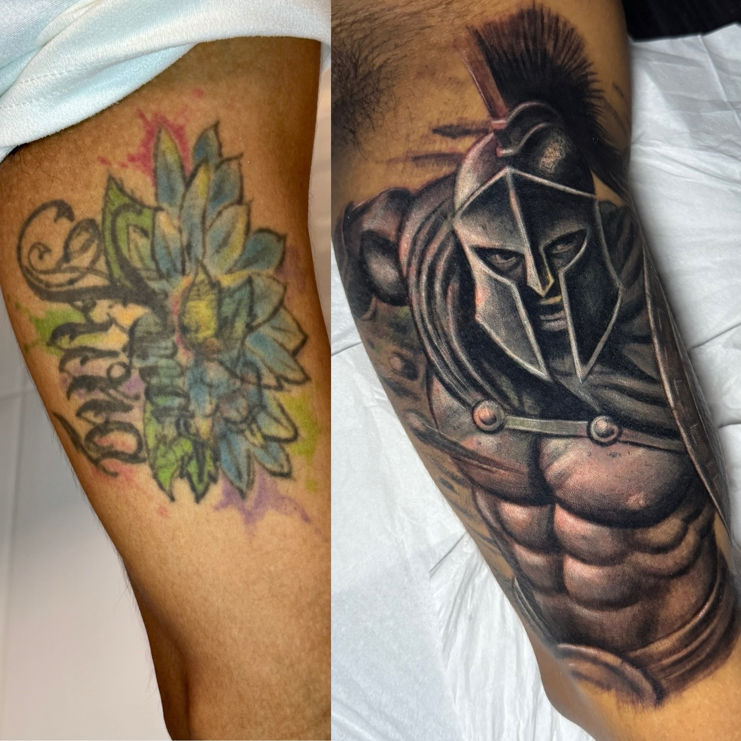 Ancient warrior realism tattoo on the thigh by Morgan Andres Soto